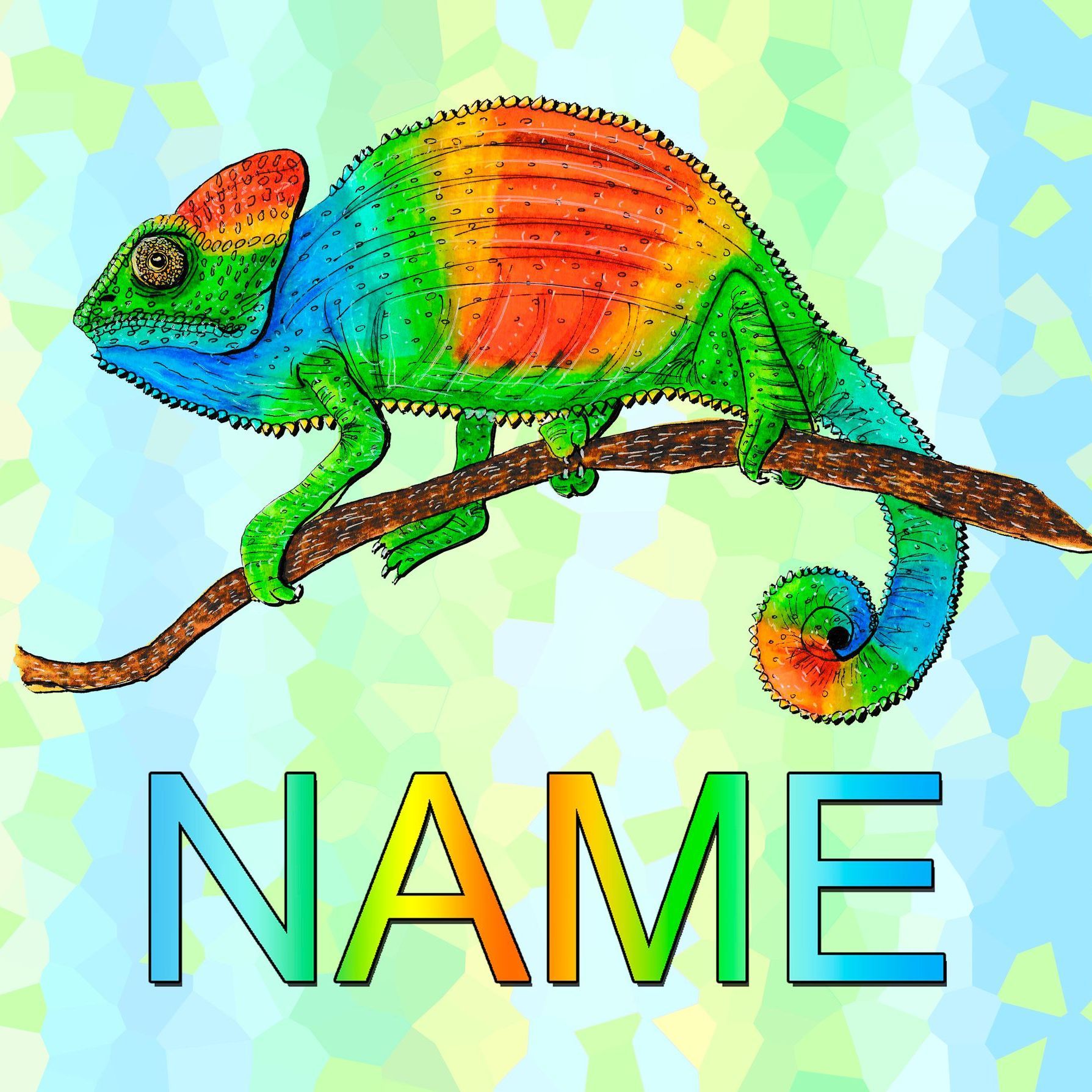 Buntes Chamäleon auf braunem Ast vor hellblauem Hintergrund, ideal für Natur- und Reptilienliebhaber.