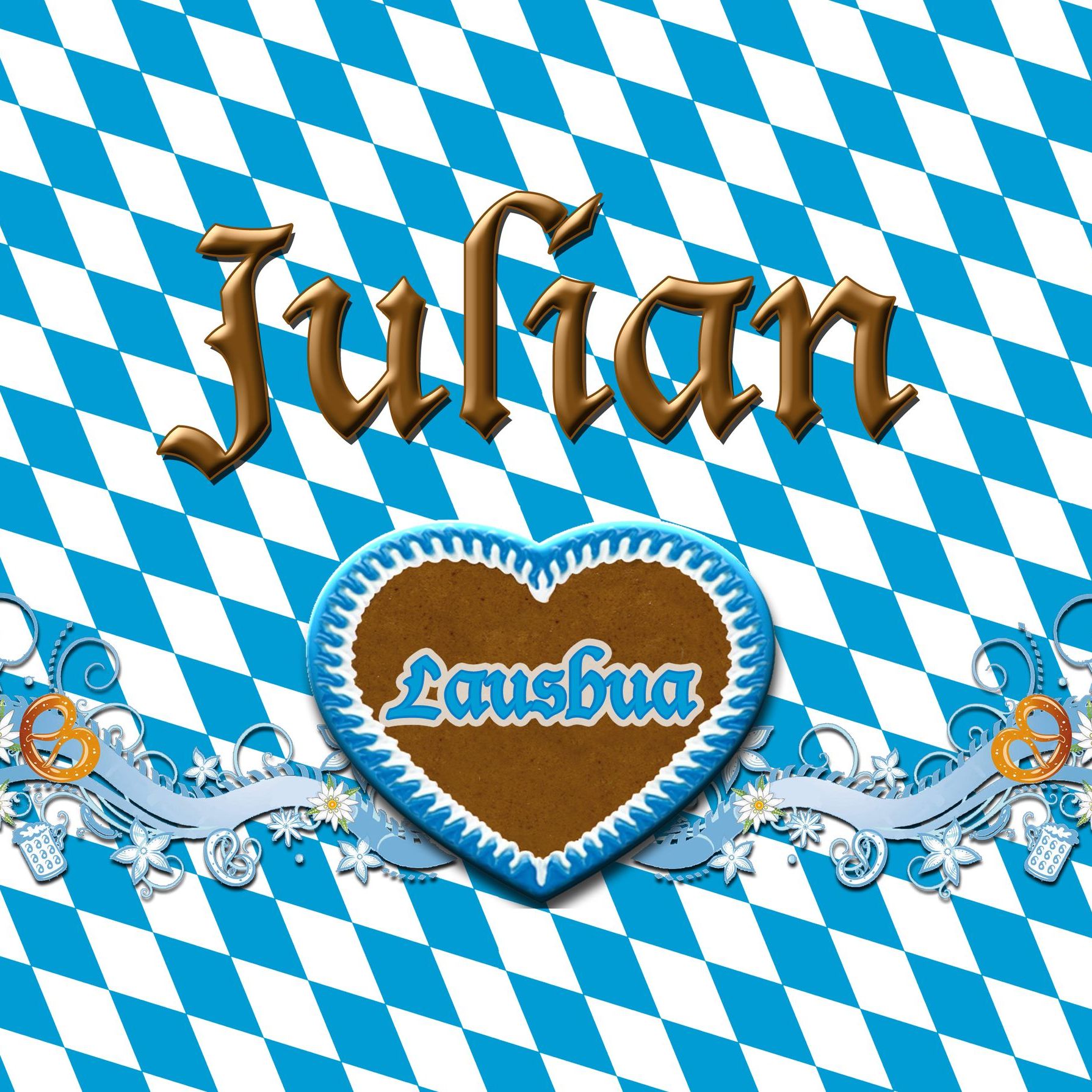 Lebkuchenherz mit blau-weißem Rautenmuster, verziert mit Edelweißblüten und Brezel, ideal für Bayern-Fans.