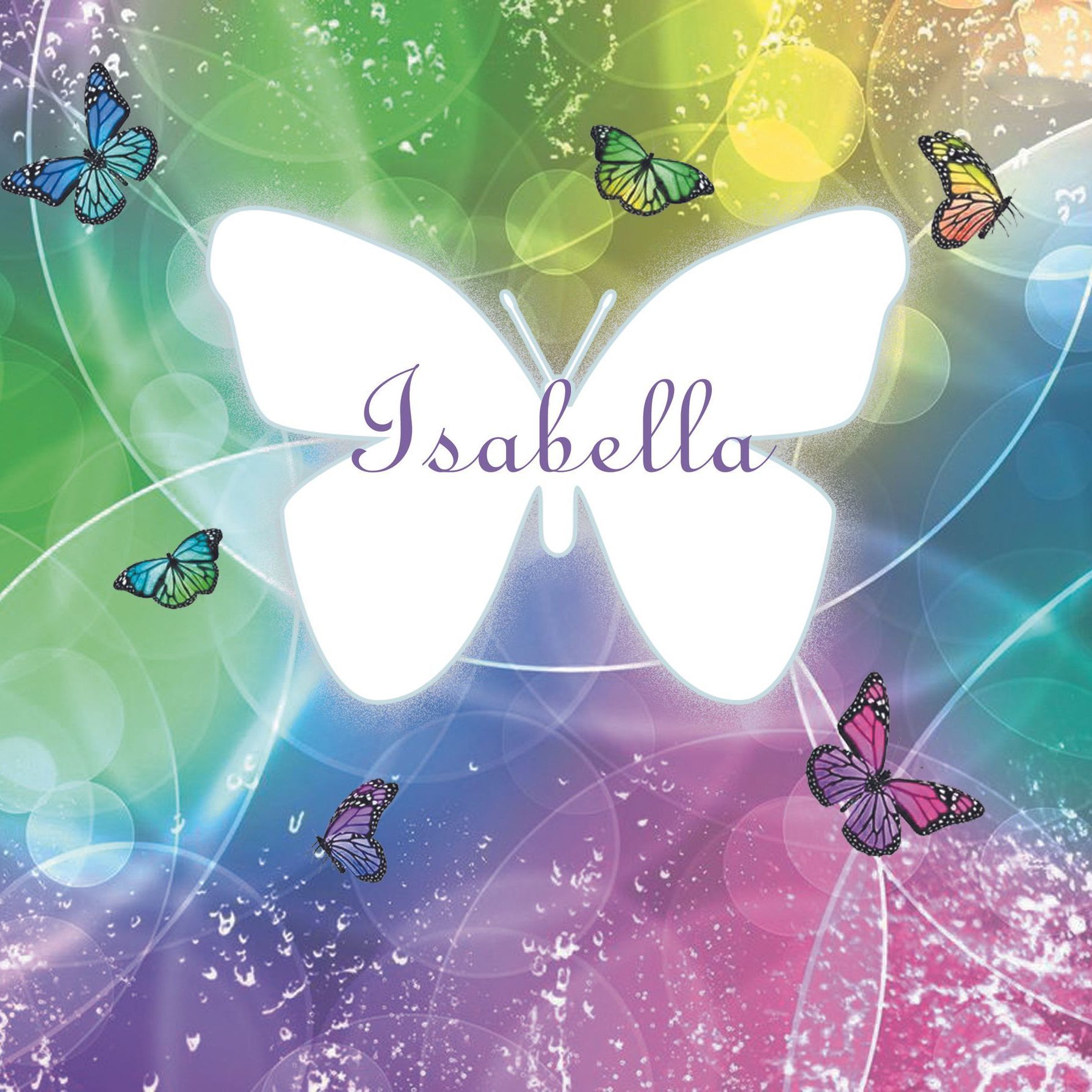 Bunter Schmetterling mit ausgebreiteten Flügeln vor einem bunten Hintergrund.