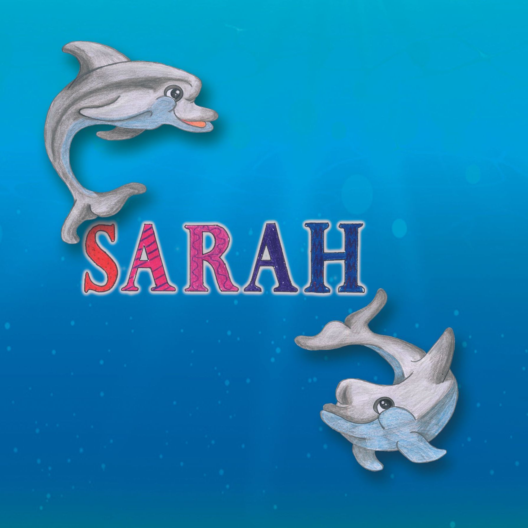 Zwei graue Delfine, die im blauen Meer springen, mit sanftem Wellenmuster, perfekt für Meeresfreunde.