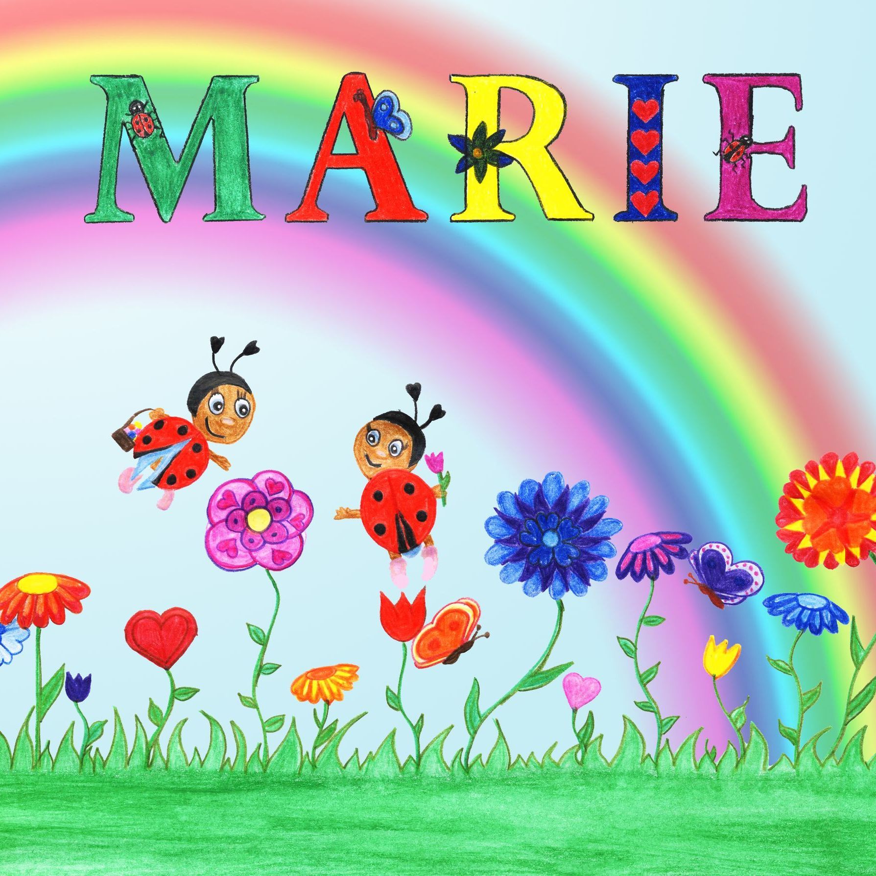 Rote Marienkäfer mit schwarzen Punkten auf grüner Wiese mit bunten Blumen, perfekt für Naturfreunde.