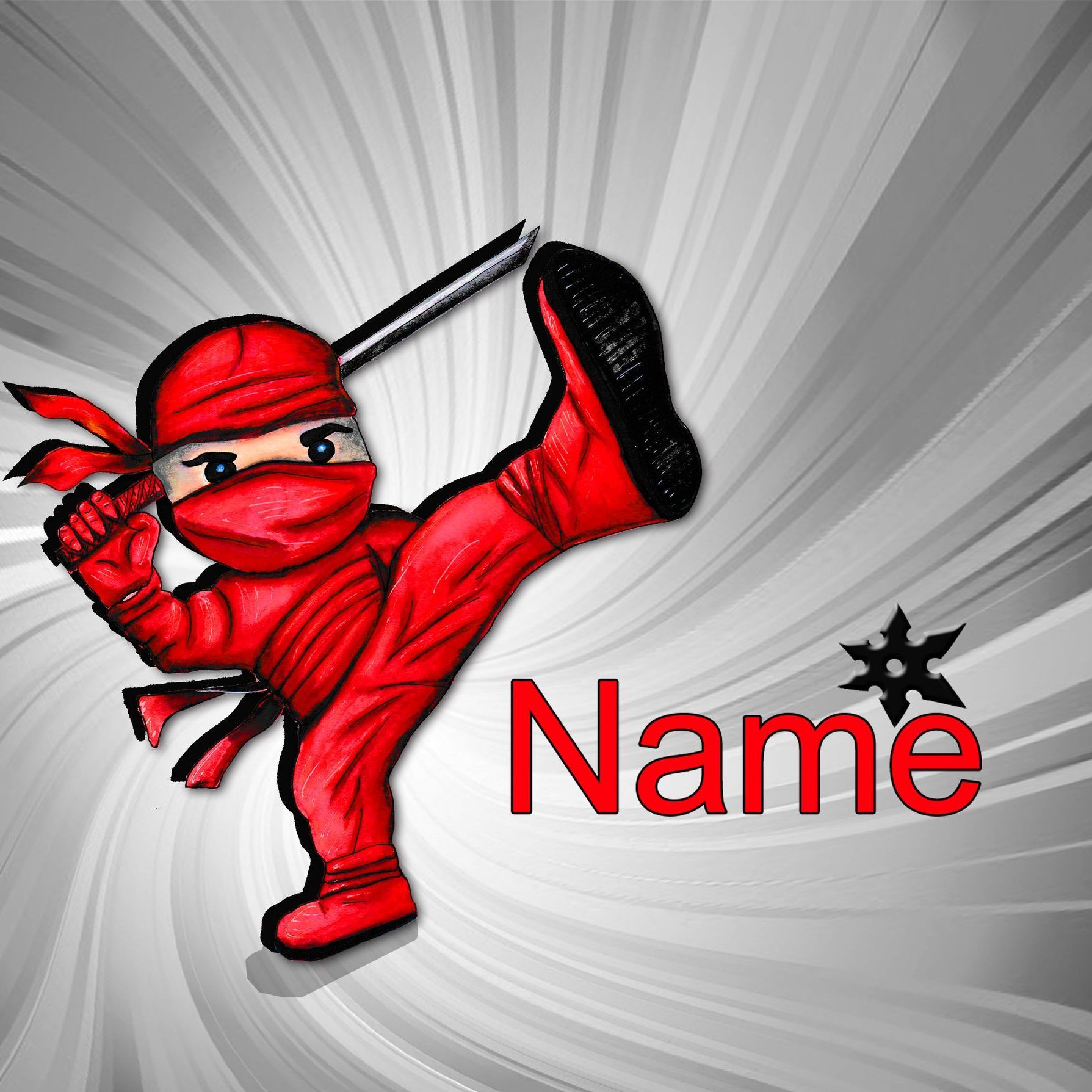 Roter Ninja in Actionpose vor grauem Hintergrund, ideal für Fans von Kampfkunst und Abenteuer.
