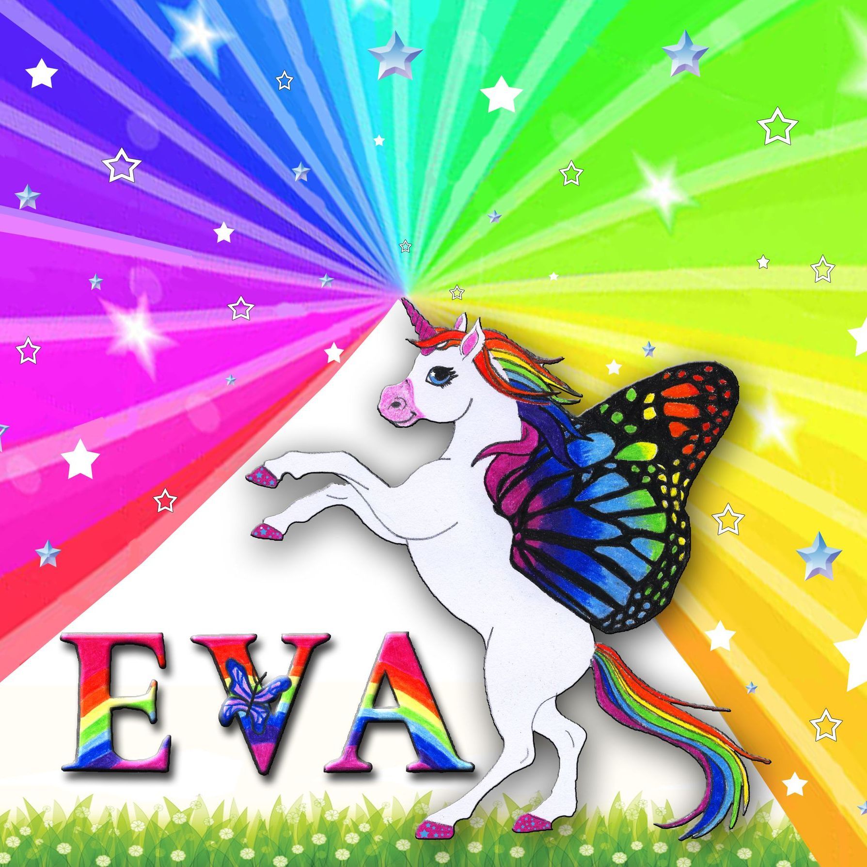 Weißes Einhorn mit regenbogen Mähne und Schmetterlingsflügeln vor buntem Regenbogenhintergrund, perfekt für Einhornliebhaber.