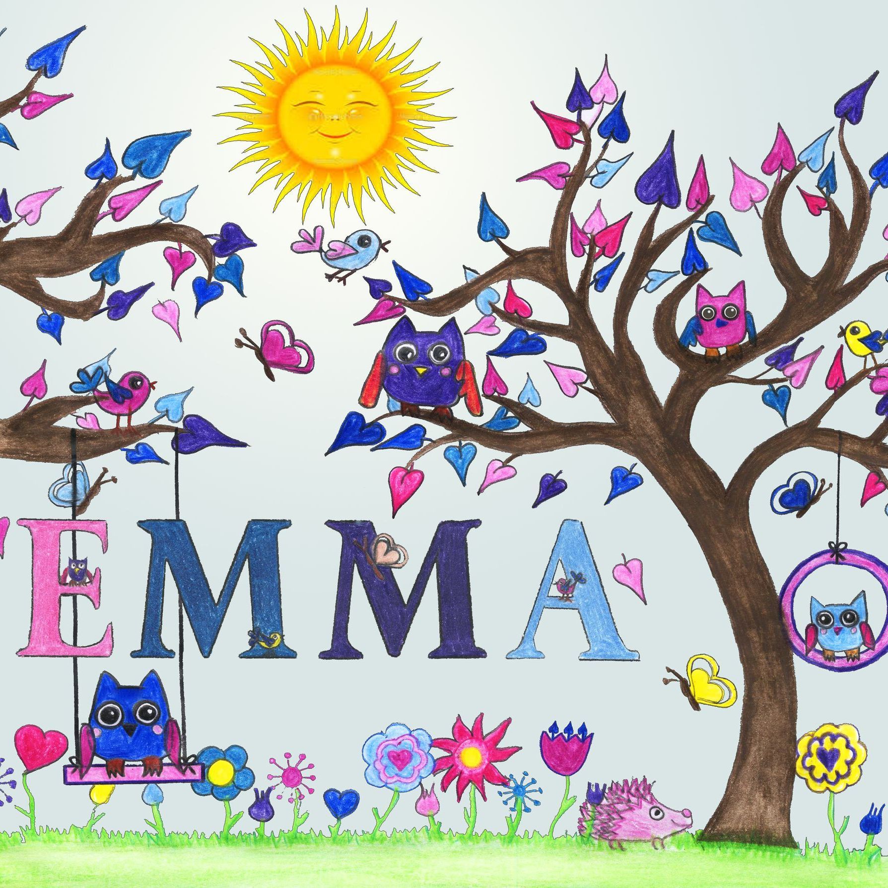 Bunte Eulen in Blau und Rosa auf braunem Baum vor hellblauem Himmel, ideal für Natur- und Eulenliebhaber.