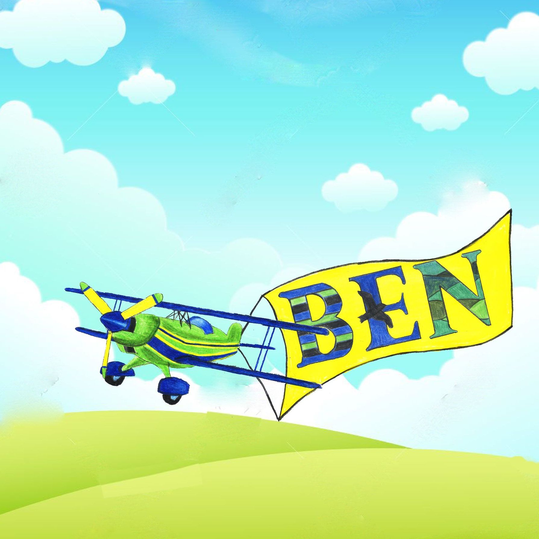 Blaue grünes Flugzeug mit weißen Wolken vor hellem Himmel, ideal für kleine Piloten und Flugzeugfans.