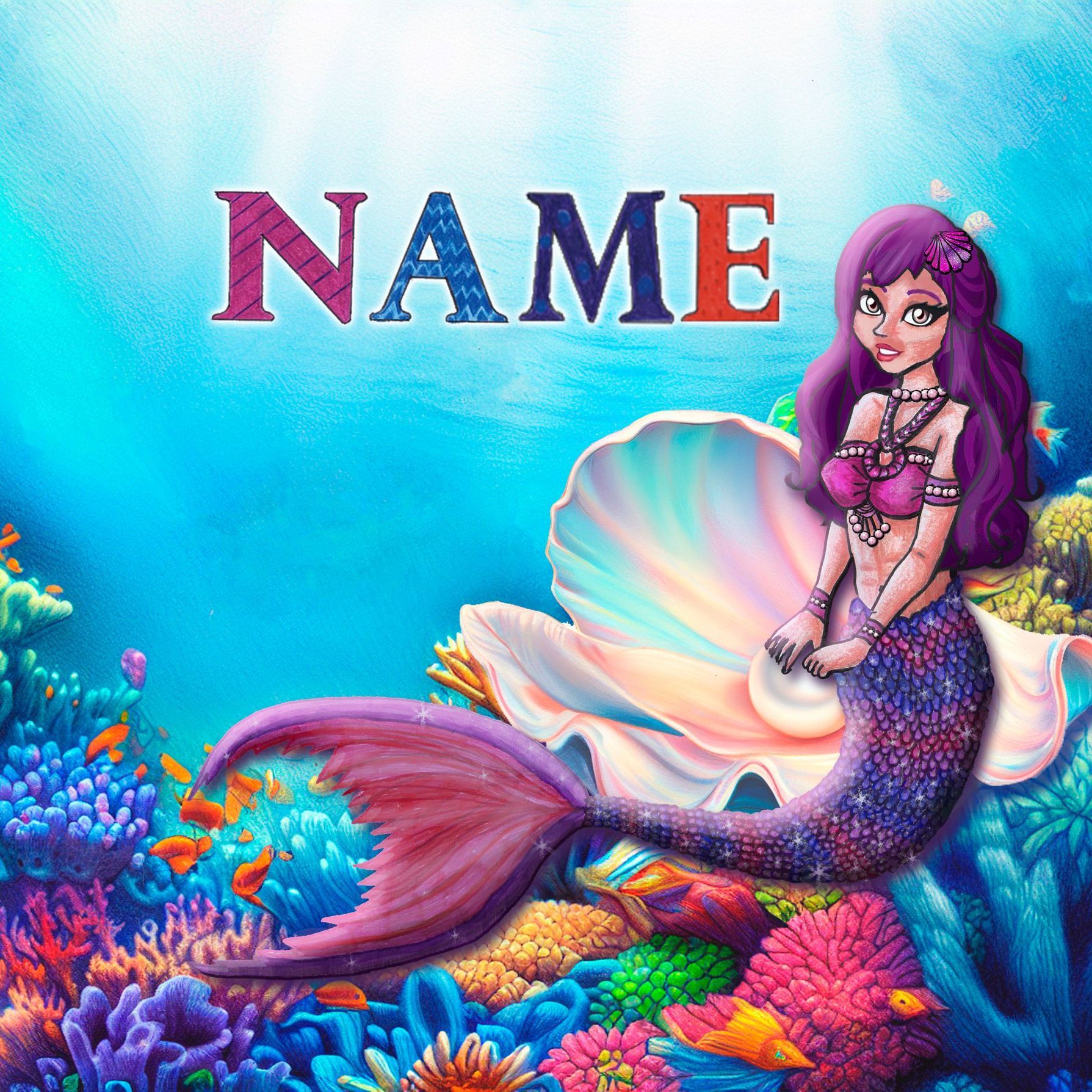 Meerjungfrau mit pinker Flosse vor blauem Wasser und Korallen, perfekt für Unterwasser-Fans.