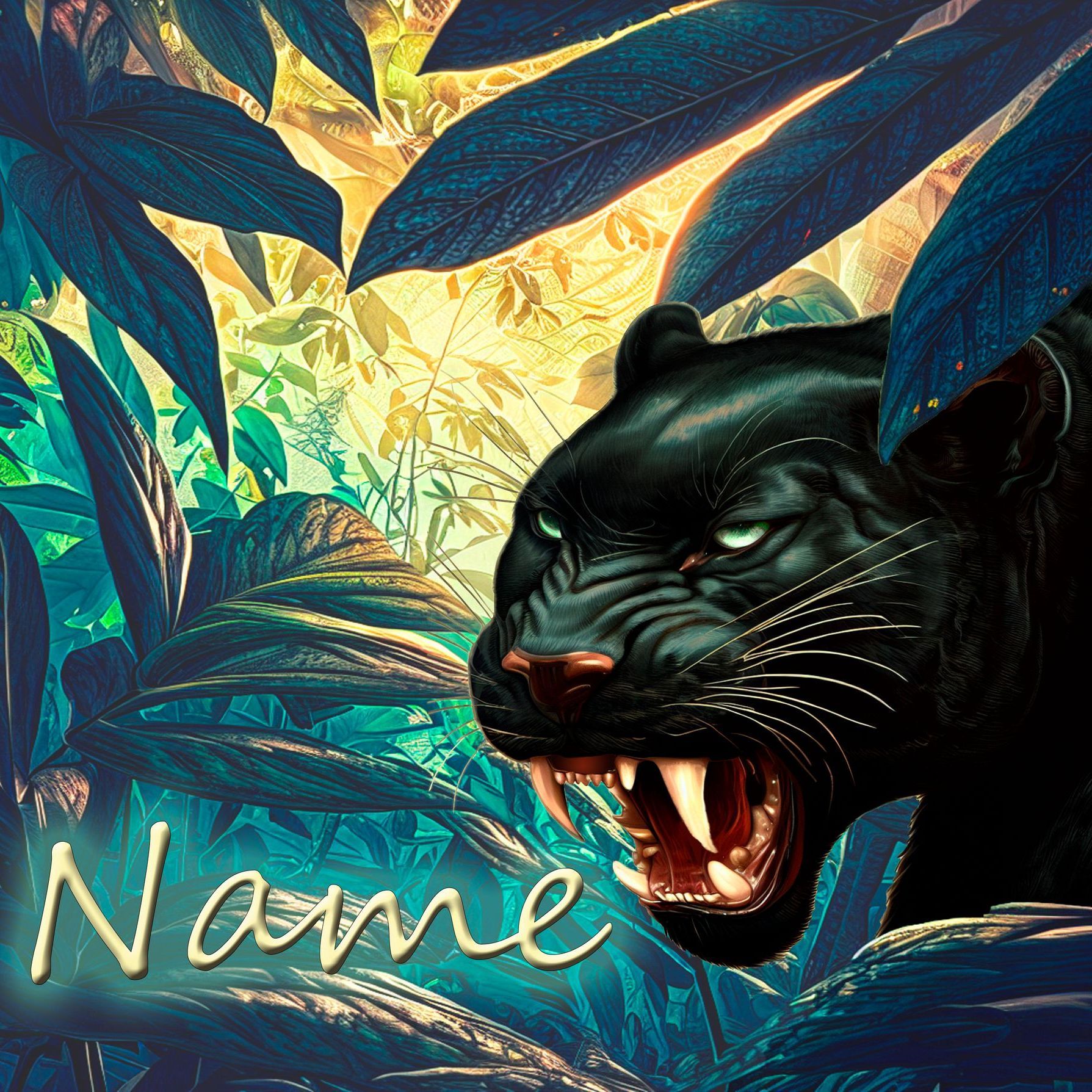 Schwarzer Panther mit grünen Augen vor grünem Dschungel und hellem Mond, ideal für Wildtier- und Abenteuerfans.