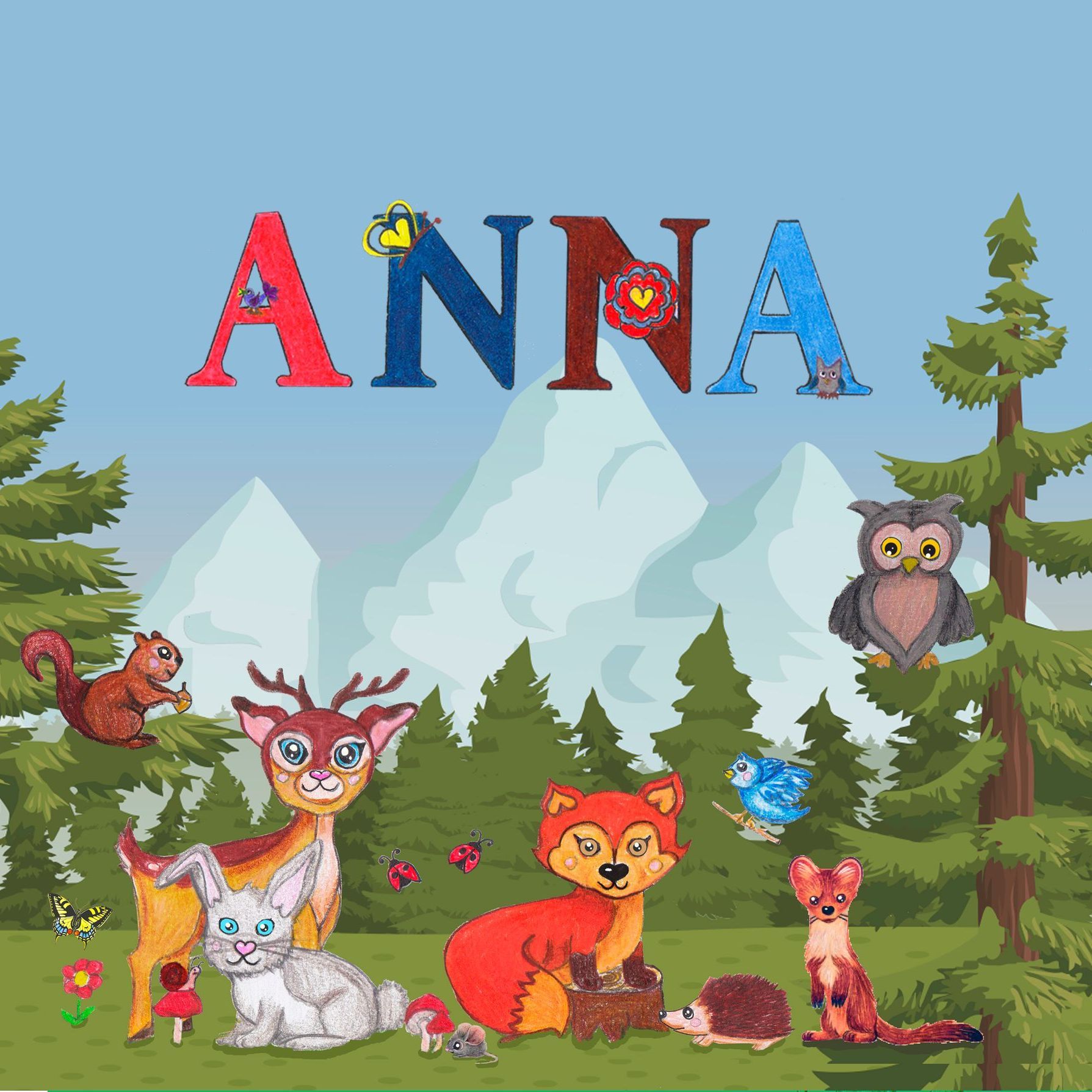 Süße Waldtiere wie Fuchs, Reh, Hase und Eule, versammelt auf einer blühenden Lichtung, umgeben von Bäumen.