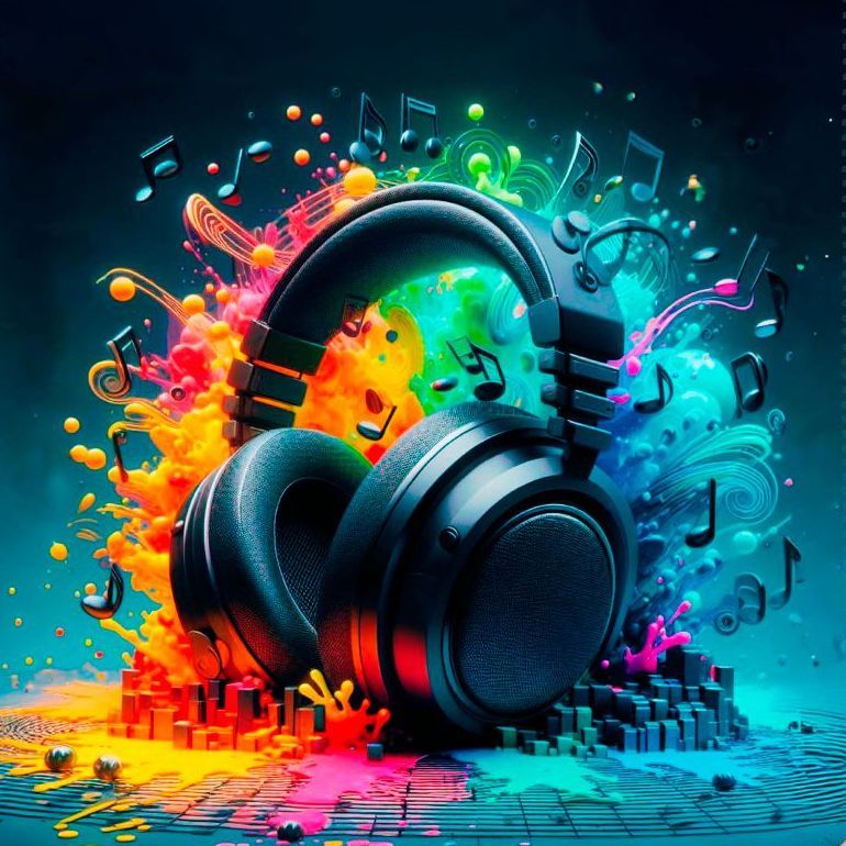 Kopfhörer mit einem Farbsplash in allen Regenbogenfarben im schwarzen Hintergrund