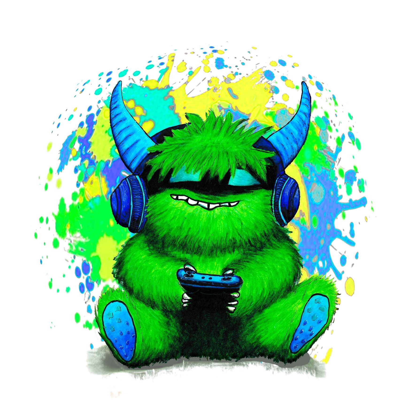 Witziges grünes Gaming-Monster mit Kopfhörern und Controller, stehend vor farbenfrohem Hintergrund mit Neonlichtern.