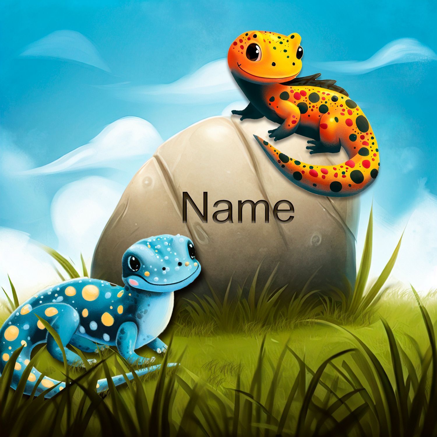 Leuchtend orangefarbener Salamander mit schwarzen Flecken und ein blauer Salamnder mit gelben Felcken vor einem grauen Stein.