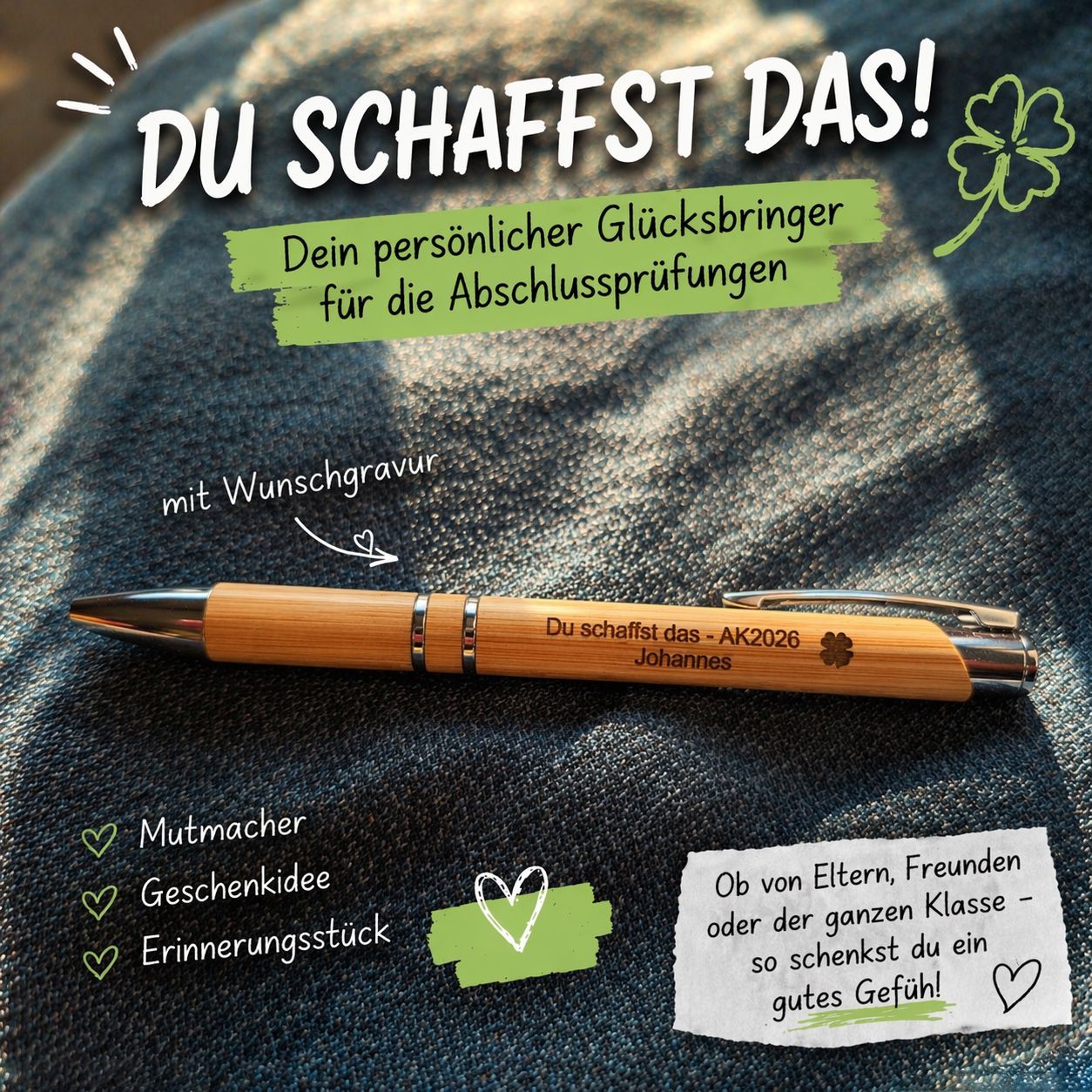 Personalisierter Kugelschreiber aus Holz mit Gravur „Du schaffst das – AK2026“ als Glücksbringer zur