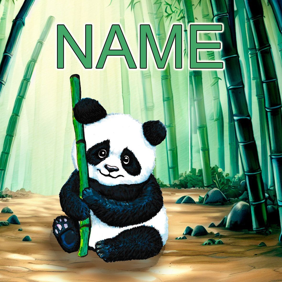 Niedlicher schwarz-weißer Panda vor grünem Bambuswald, perfekt für Tierfreunde und Pandafans.