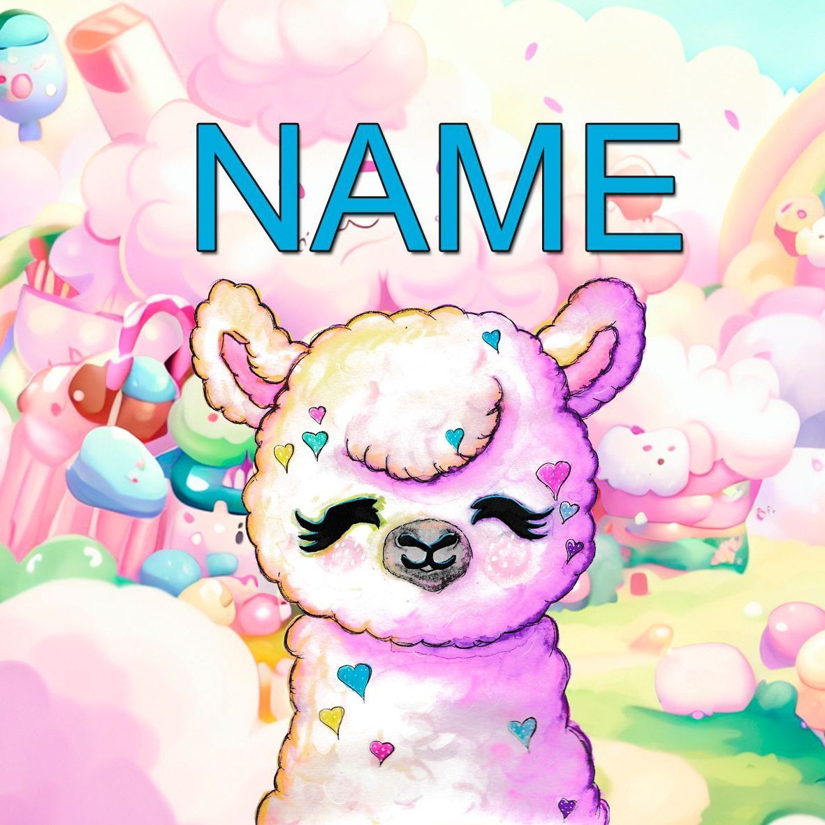 Alpaka im Zuckerwatteland mit pastellfarbenen Wolken und lila Sternenhimmel, ideal für kleine Tierfreunde.