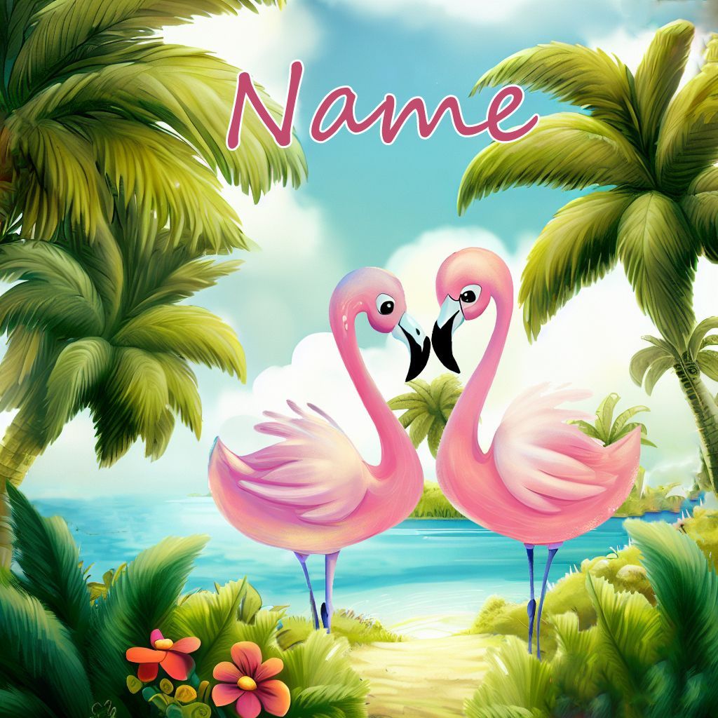 Zwei rosa Flamingos auf grünem Gras mit Palmen und blauem Himmel, ideal für exotische Tierfreunde.