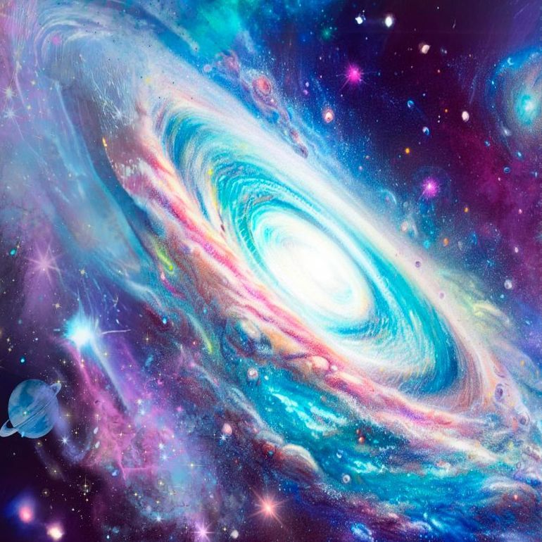 Mystische Galaxie in lila türkis rosa mit einem Kometen