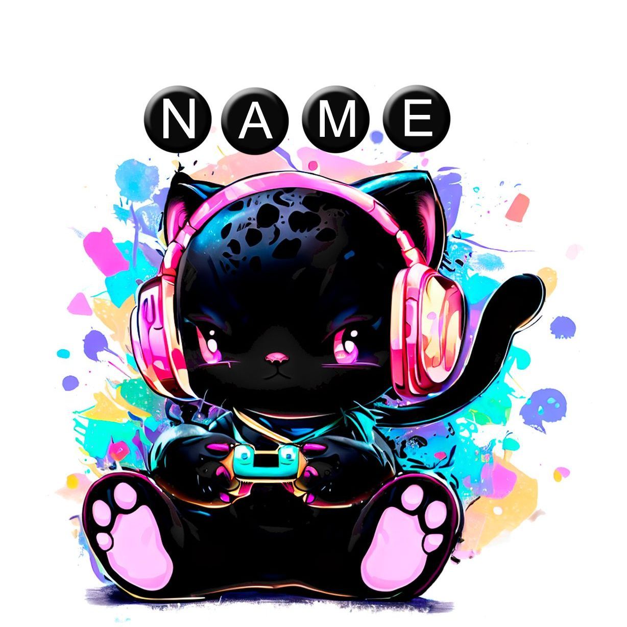 Coole Gaming-Katze mit schwarzen Fell, Kopfhörern und Controller, vor hellem Hintergrund mit bunten Lichteffekten.