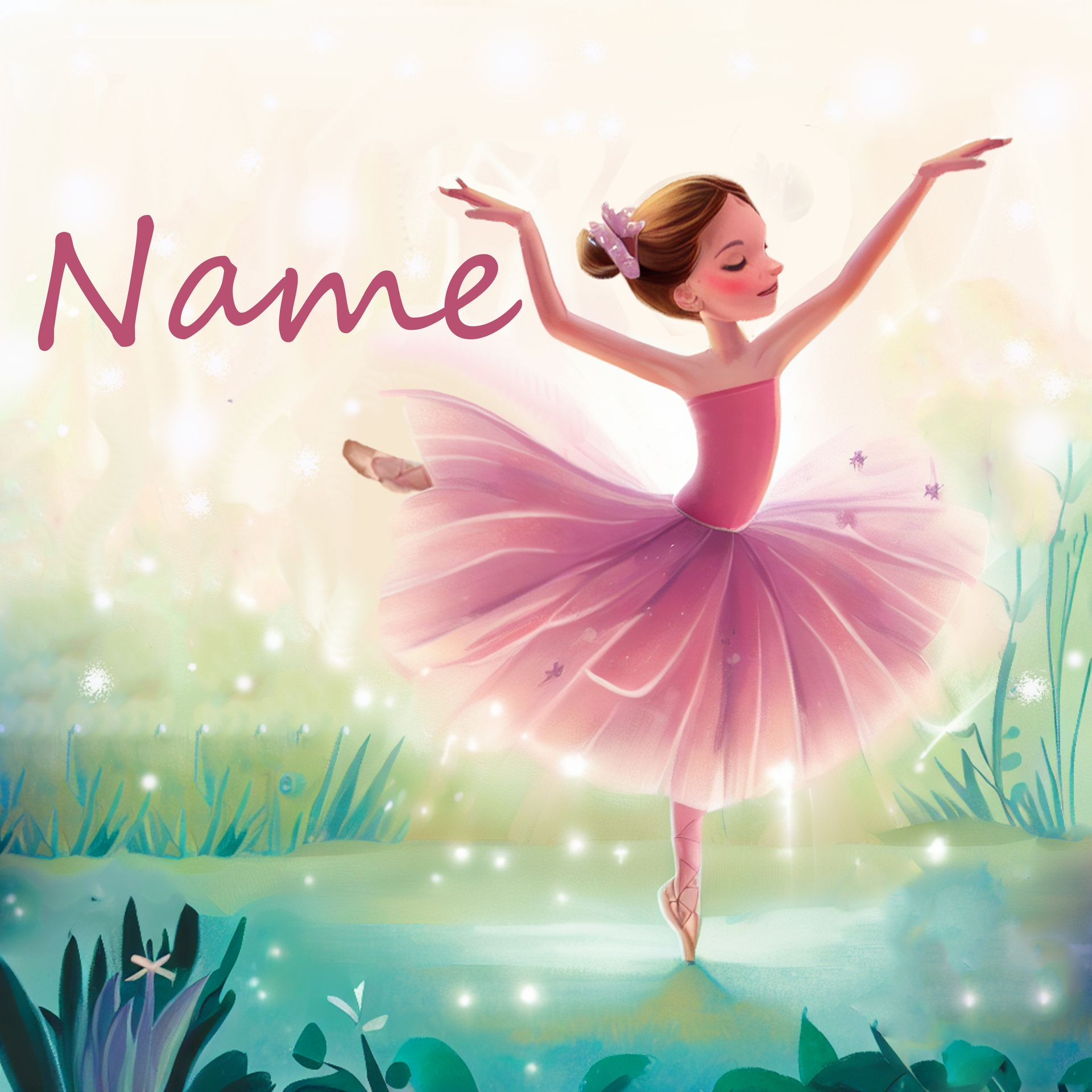 Zarte Ballerina in rosa Kleid mit pastellfarbenem Hintergrund, perfekt für Tänzerinnen und Ballett-Fans.