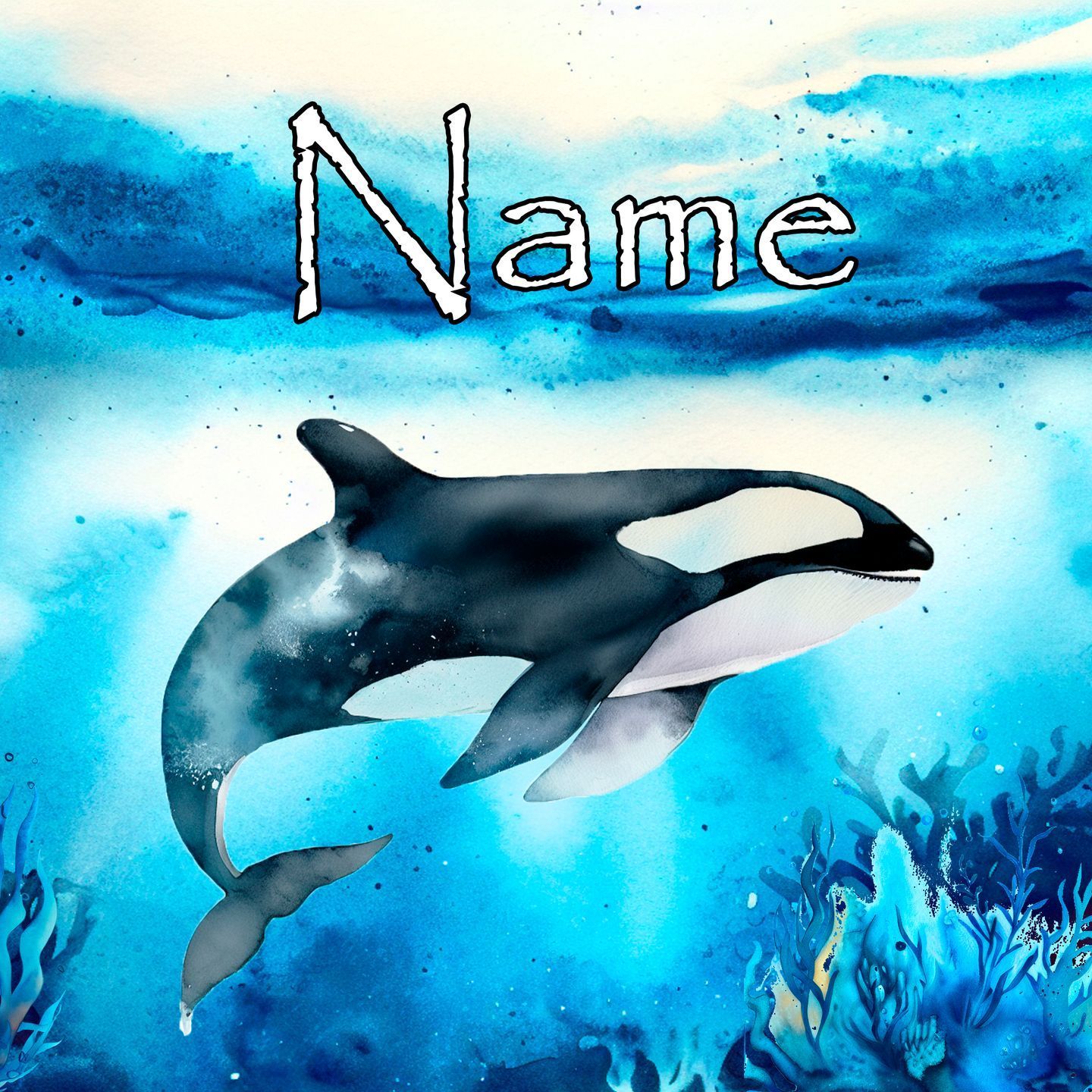 Schwarz-weißer Orca vor tiefblauem Meer mit weißen Wellen, ideal für Meeresfreunde und Wal-Liebhaber.