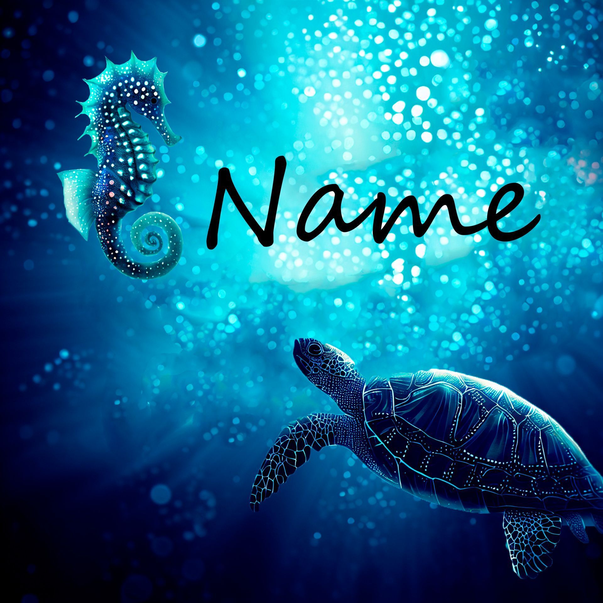 Meeresschildkröte und Seepferdchen Unterwasser. Alles in Blau türkis Tönen.