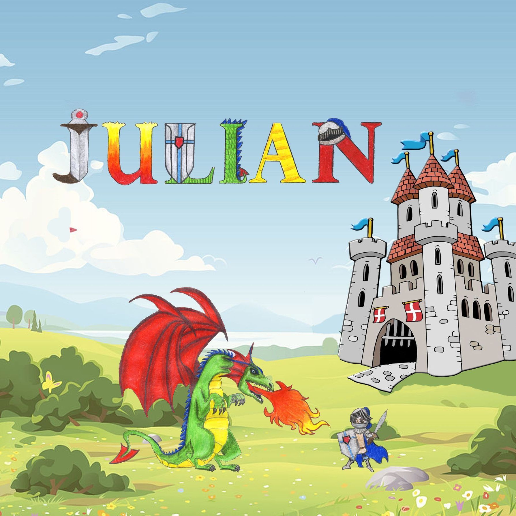 Mutiger Ritter in silberner Rüstung mit Schwert und Schild, vor mittelalterlicher Burg und blauem Himmel.