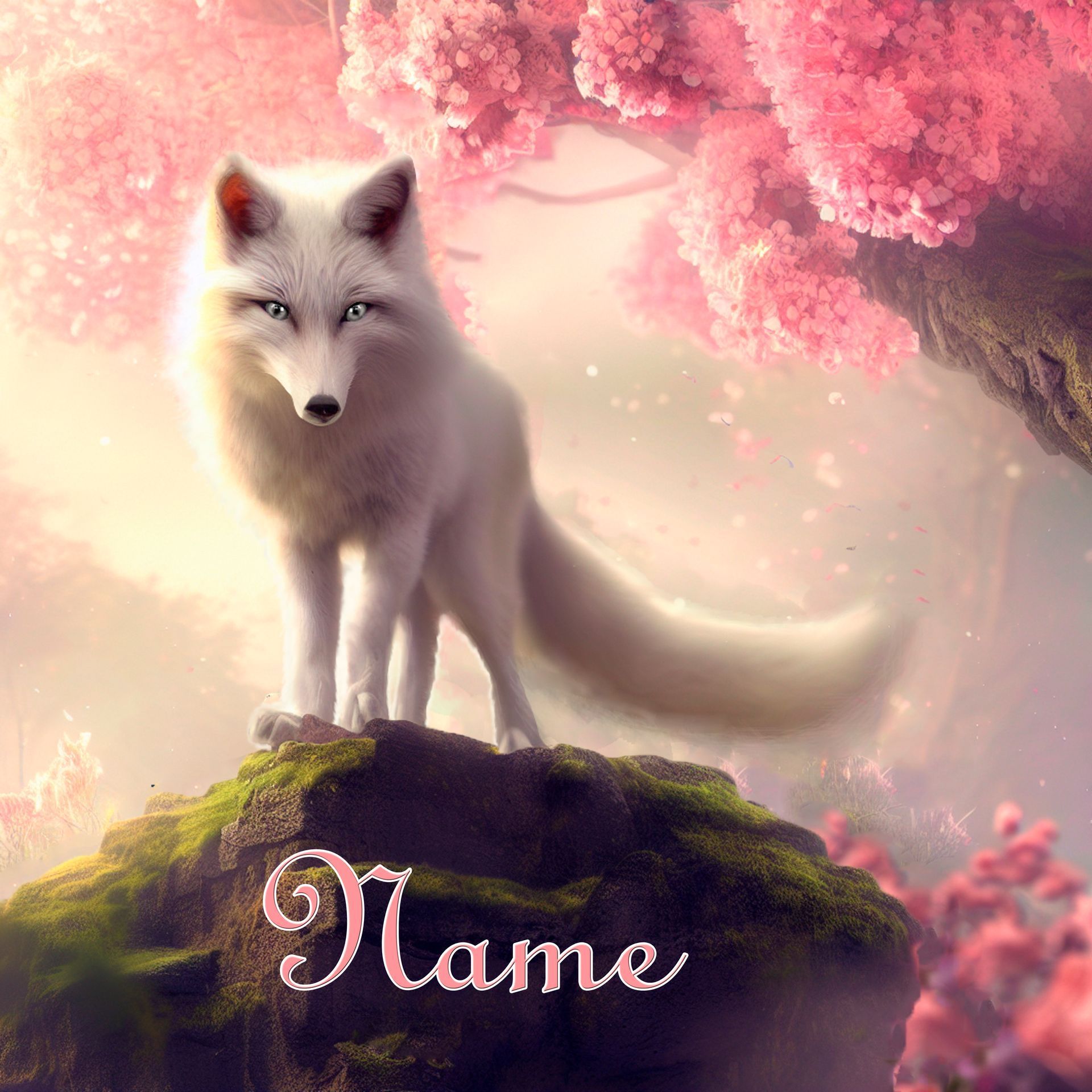 Weißer Fuchs auf moosgrünem Felsen vor rosa Kirschblüten und hellem Himmel, magisch für Tierfreunde.