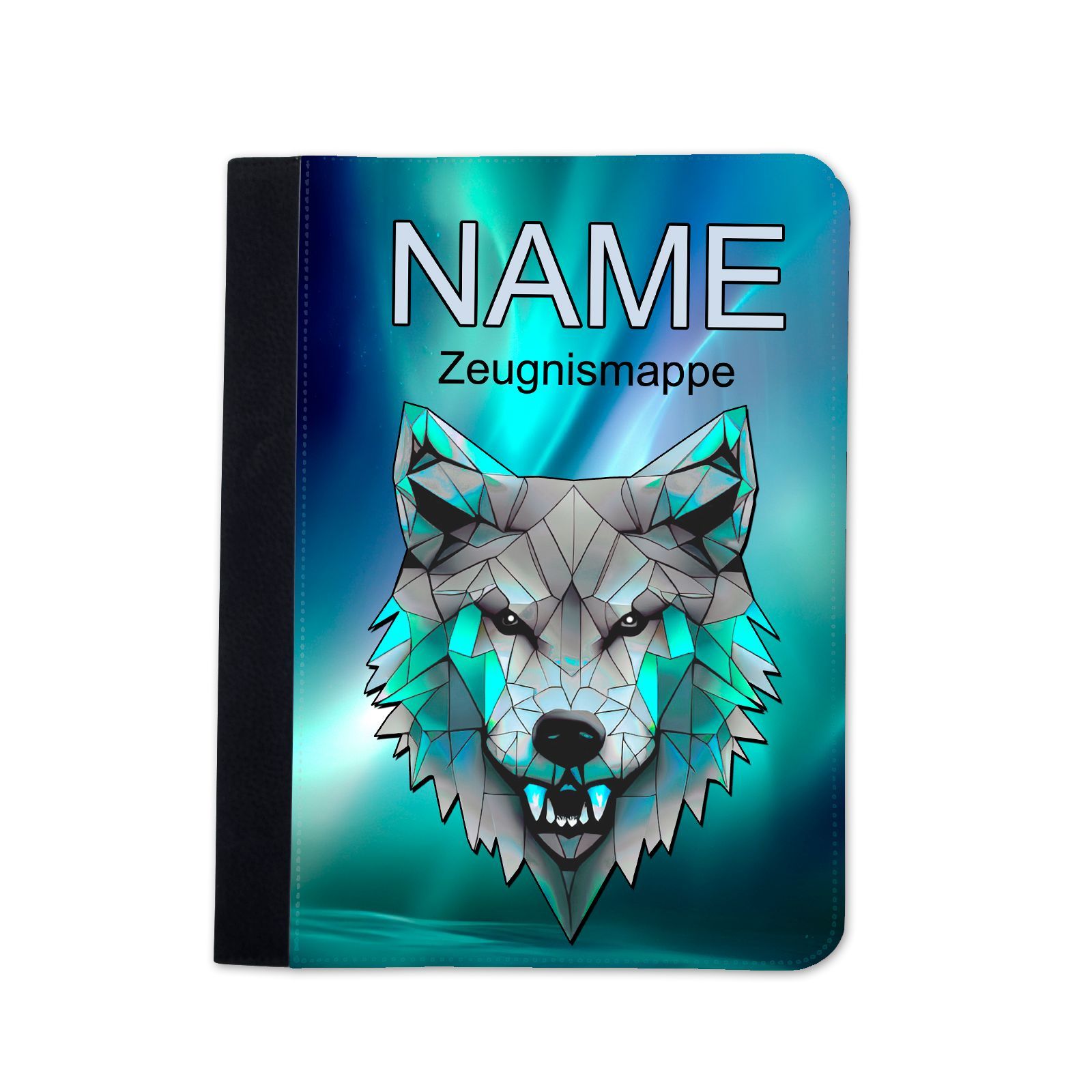 Personalisierte Zeugnismappe Urkundenmappe mit Wolf Motiv und Polarlicht