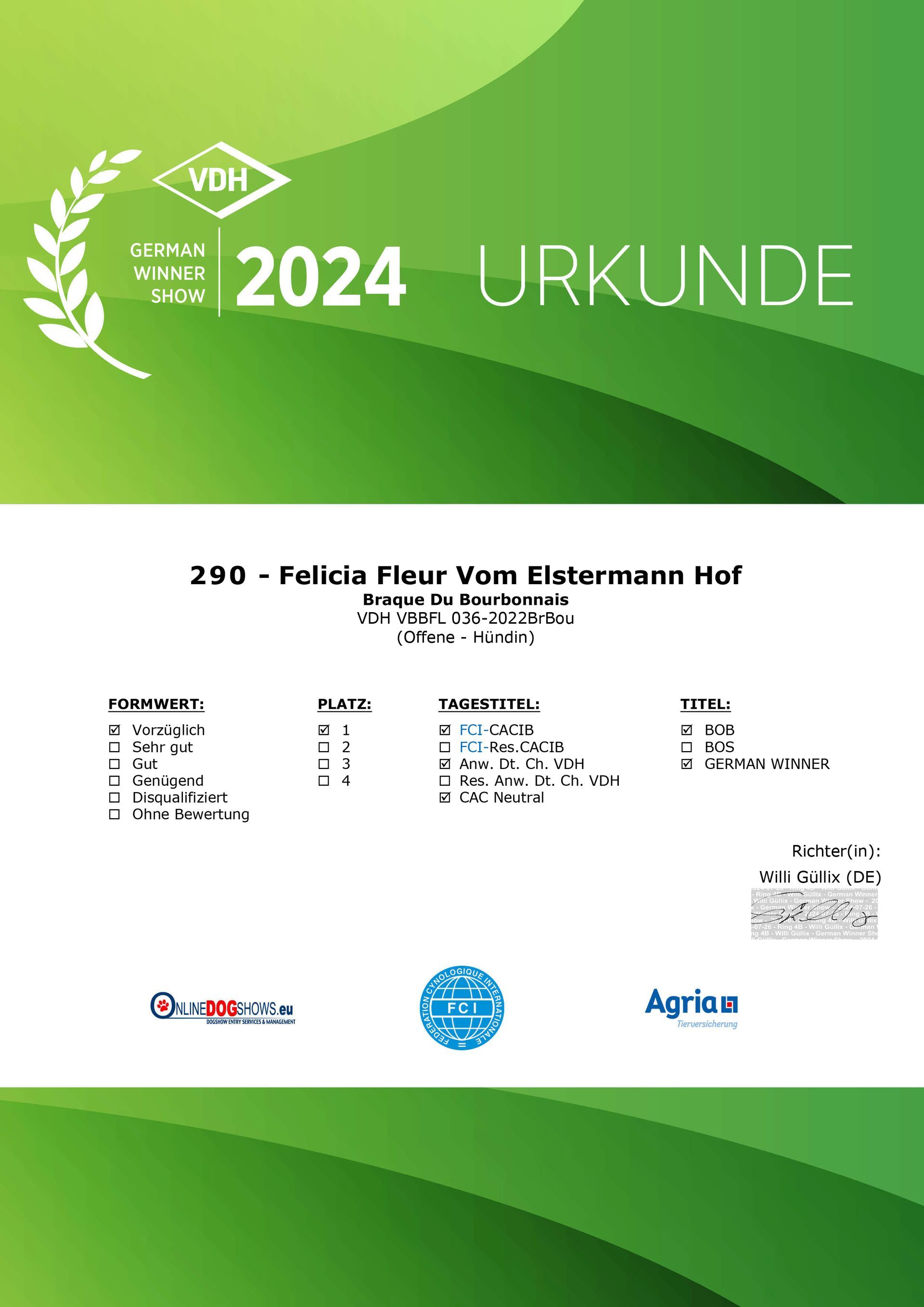 German Winner Felicia Fleur v. Elstermann Hof