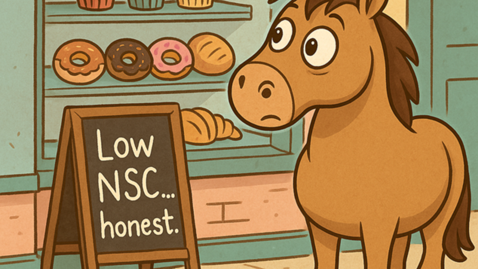 Cartoon image of big eyed pony eyeing up a bakery with a chalkboard saying Low NSC... Honest.