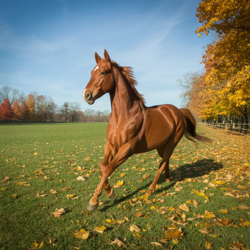 A bright chestnut horse cantering across a sunlit paddock on a clear autumn day, looking strong, hea