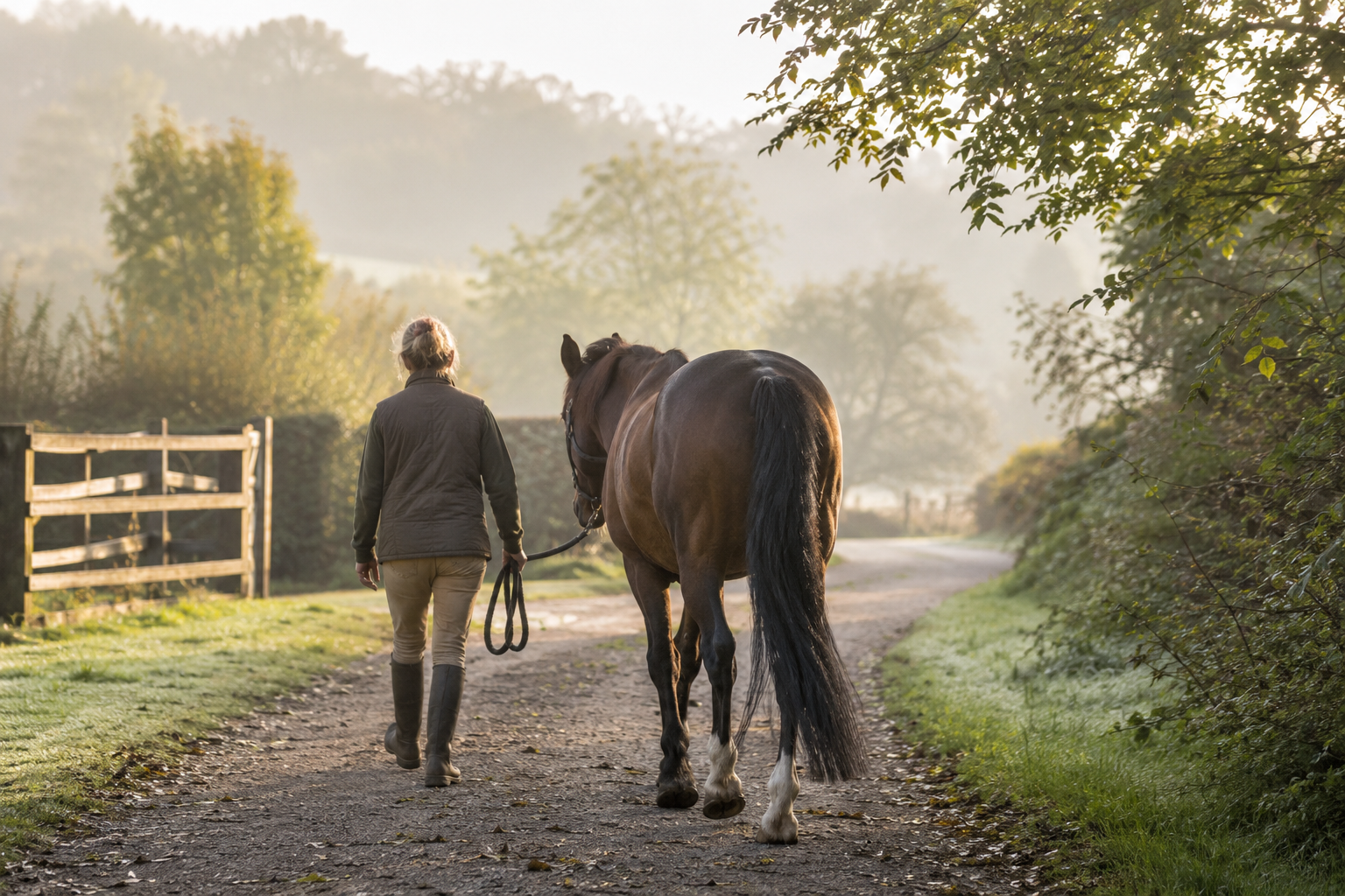 Horse and owner walking together in the countryside, representing healthy ageing, muscle development