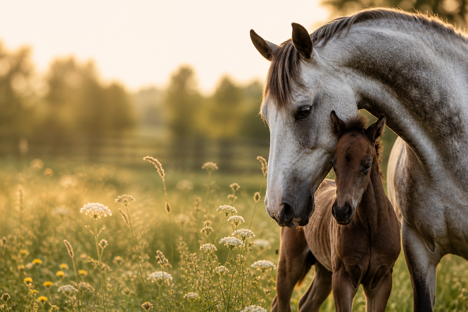 Mare and foal in pasture representing reproductive health and fertility in horses