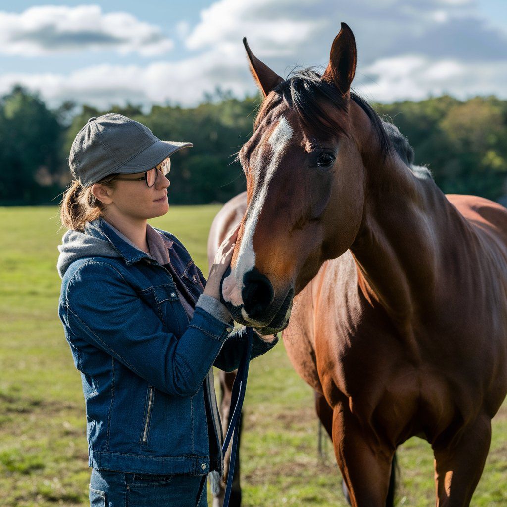 A photo of a caring owner checking their horse for symptoms.