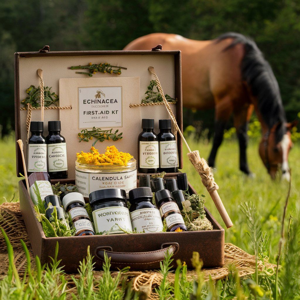 Natural first-aid kit for horses with a horse grazing i the background.
