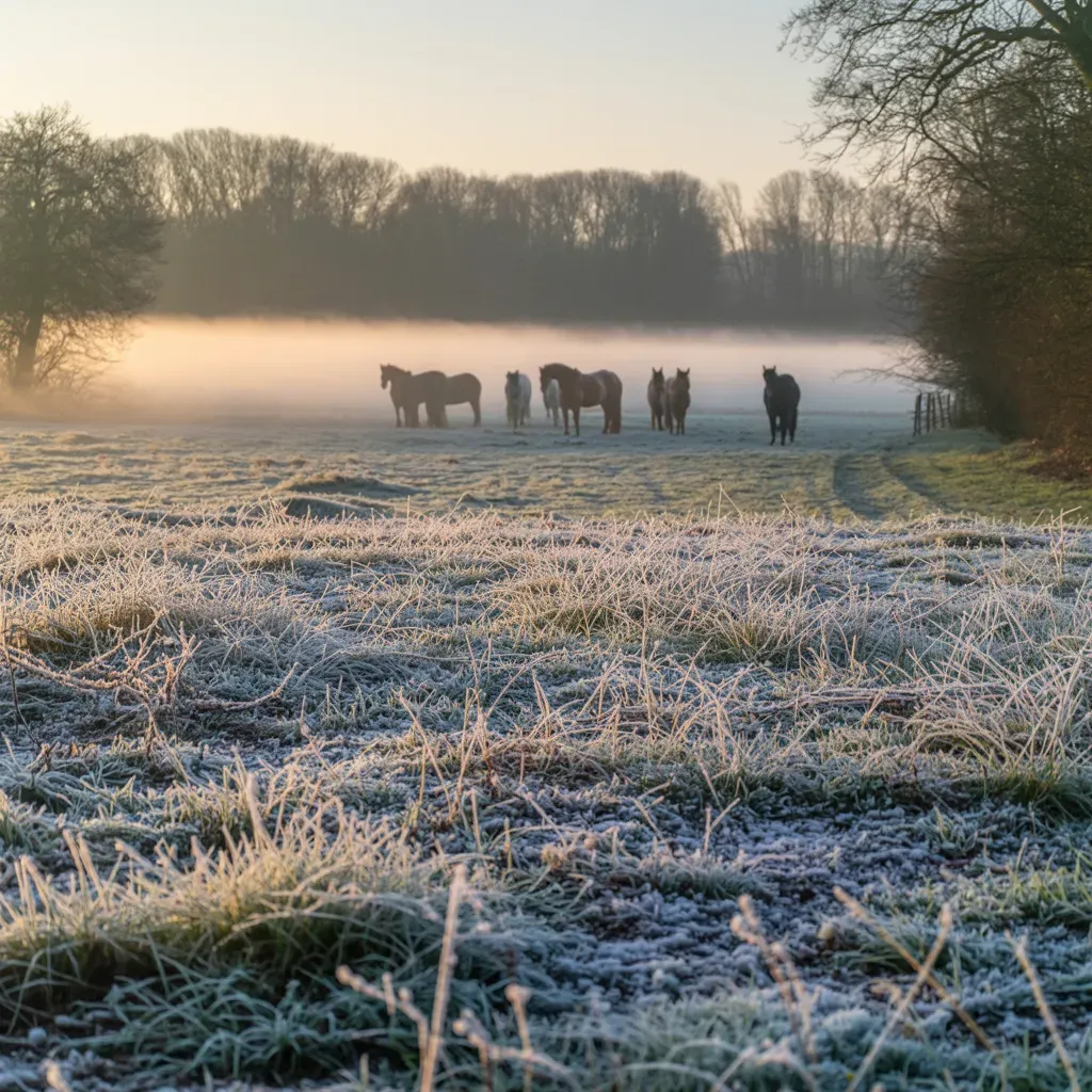 Horses standing in a frosty winter pasture with mist rising over the ground on a cold morning