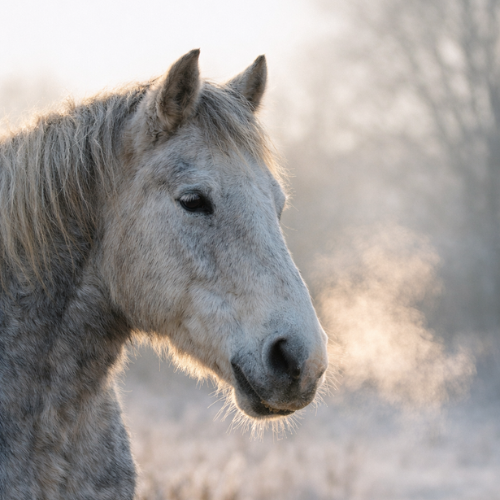 Senior grey horse in frosty morning light with warm breath visible in the cold air
