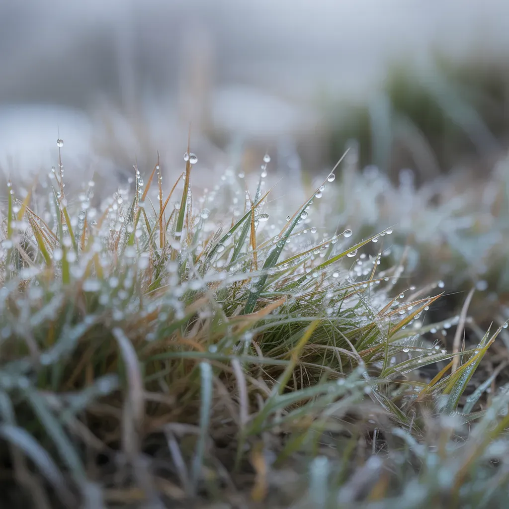 macro photo of short winter grass after rain with water droplets