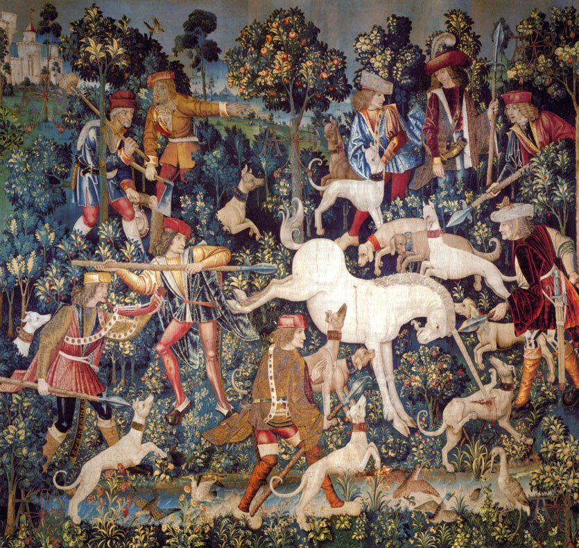 La licorne se défend, tenture Chasse à la licorne, Bruxelles ou Liège ?, entre 1495 et 1505, laine soie et fils métalliques, Metropolitan Museum of Art, New-York (source : Wikipédia) La licorne se défend, tenture Chasse à la licorne, Bruxelles ou Liège ?, entre 1495 et 1505, laine soie et fils métalliques, Metropolitan Museum of Art, New-York (source : Wikipédia)