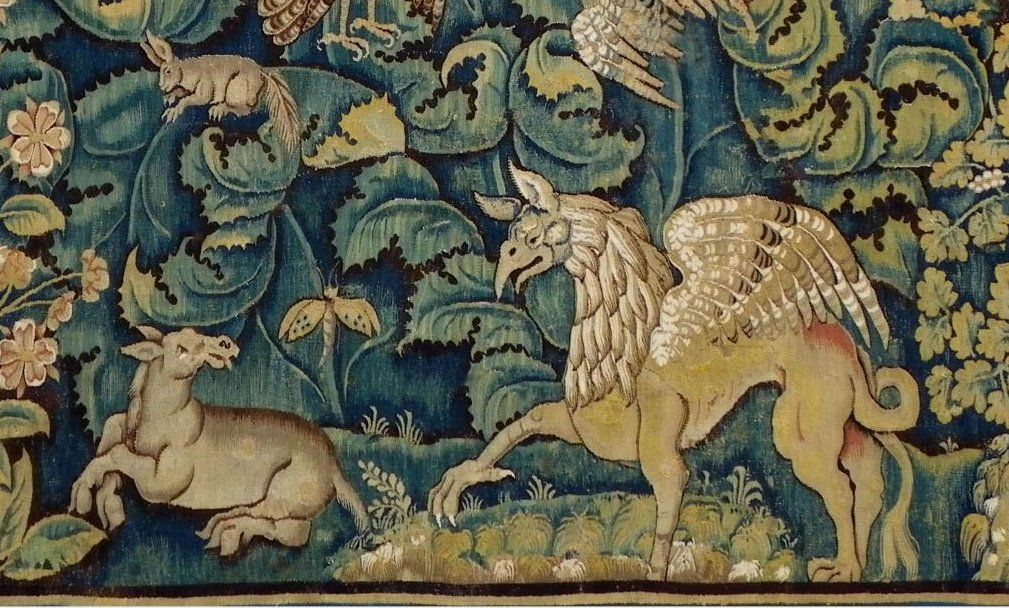 , Tapisserie feuilles de choux avec moine, atelier de la Marche, milieu XVIe siècle, laine et soie, Galerie Jabert (source : collection Galerie Jabert
