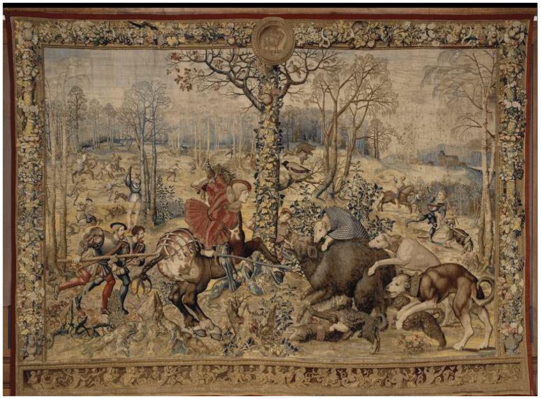 Le mois de décembre, tenture des Chasses de Charles Quint, entre 1531 et 1533, d’après un carton de Bernard Van Orley, atelier de Dermoyen, Bruxelles, 607x445cm, laine soie et or, Musée du Louvre (source :