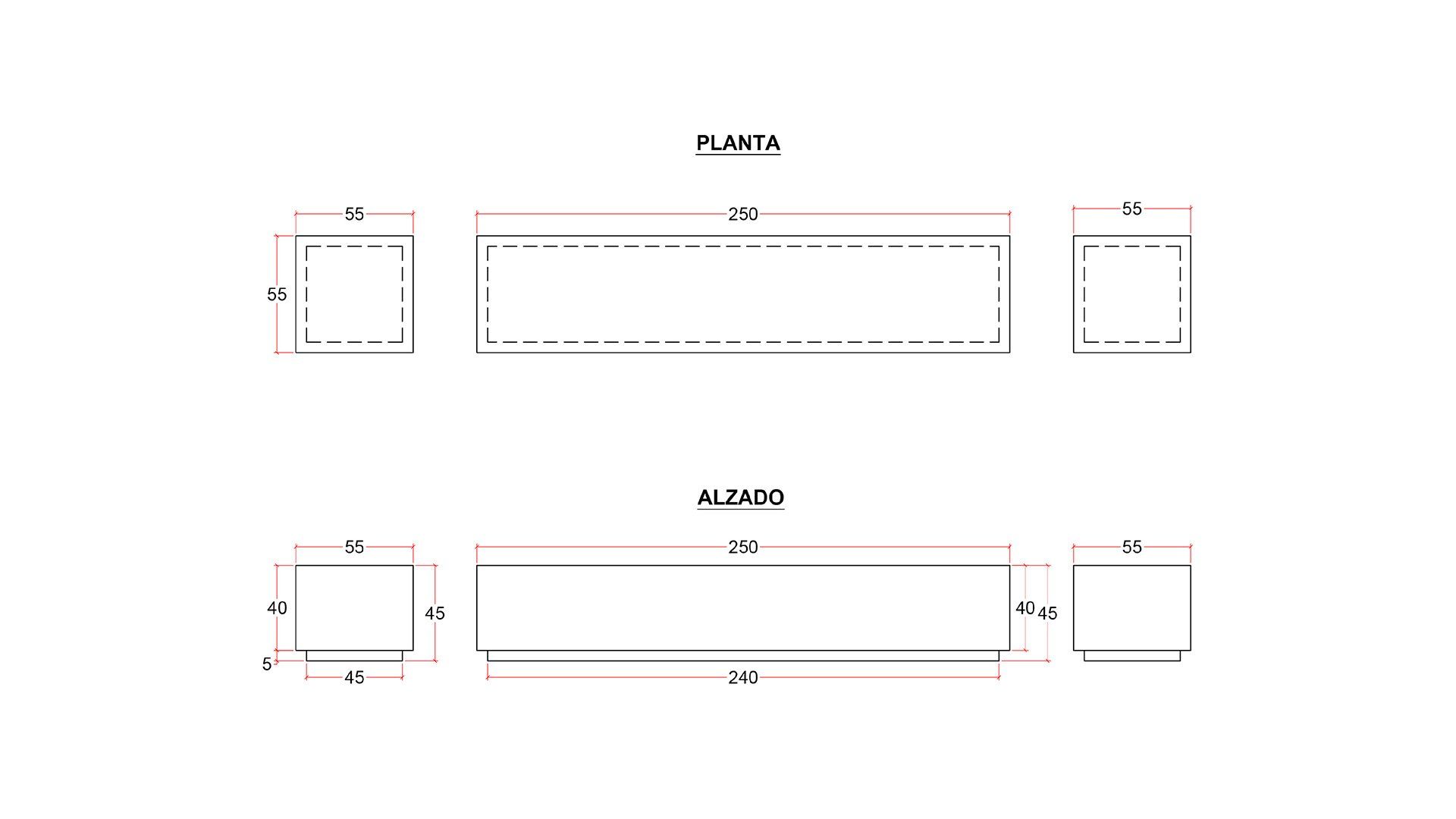 Banco Recto de Granito Gris Quintana Cotas