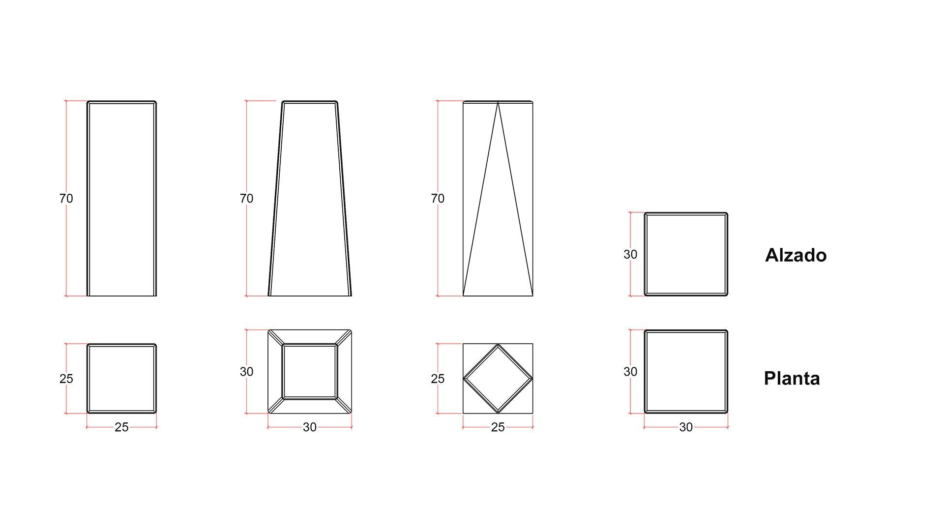 Bolardos Cuadrados de granito Gris Quintana Cotas