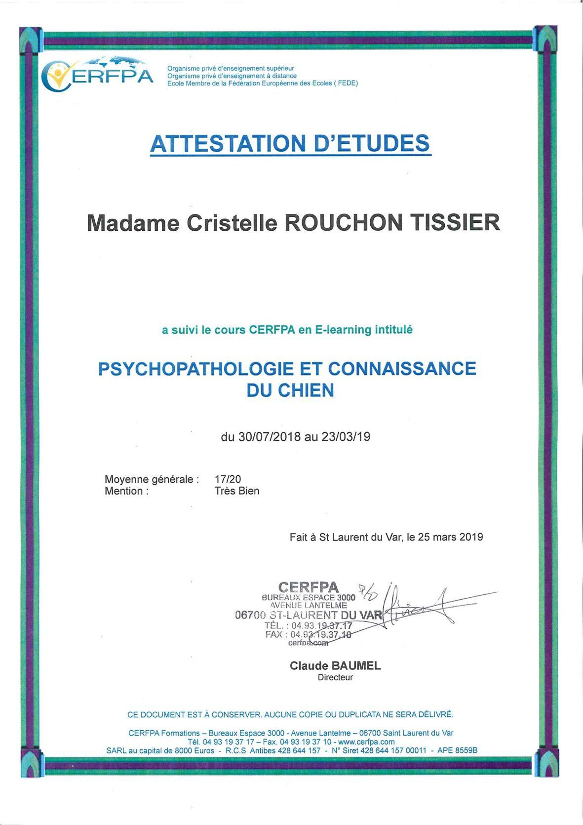 Détente Animal est certifiée en psychopathologie et connaissance du chien