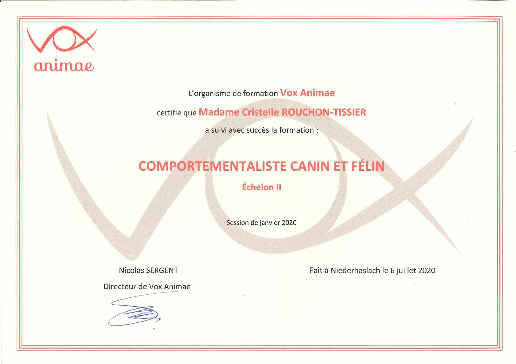 Détente Animal est certifiée auprès de Vox Animae comme comportementaliste canin et félin échelon 2