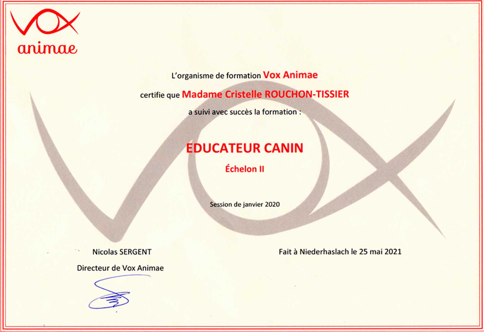 Détente Animal est certifiée auprès de Vox Animae comme éducatrice canine échelon 2