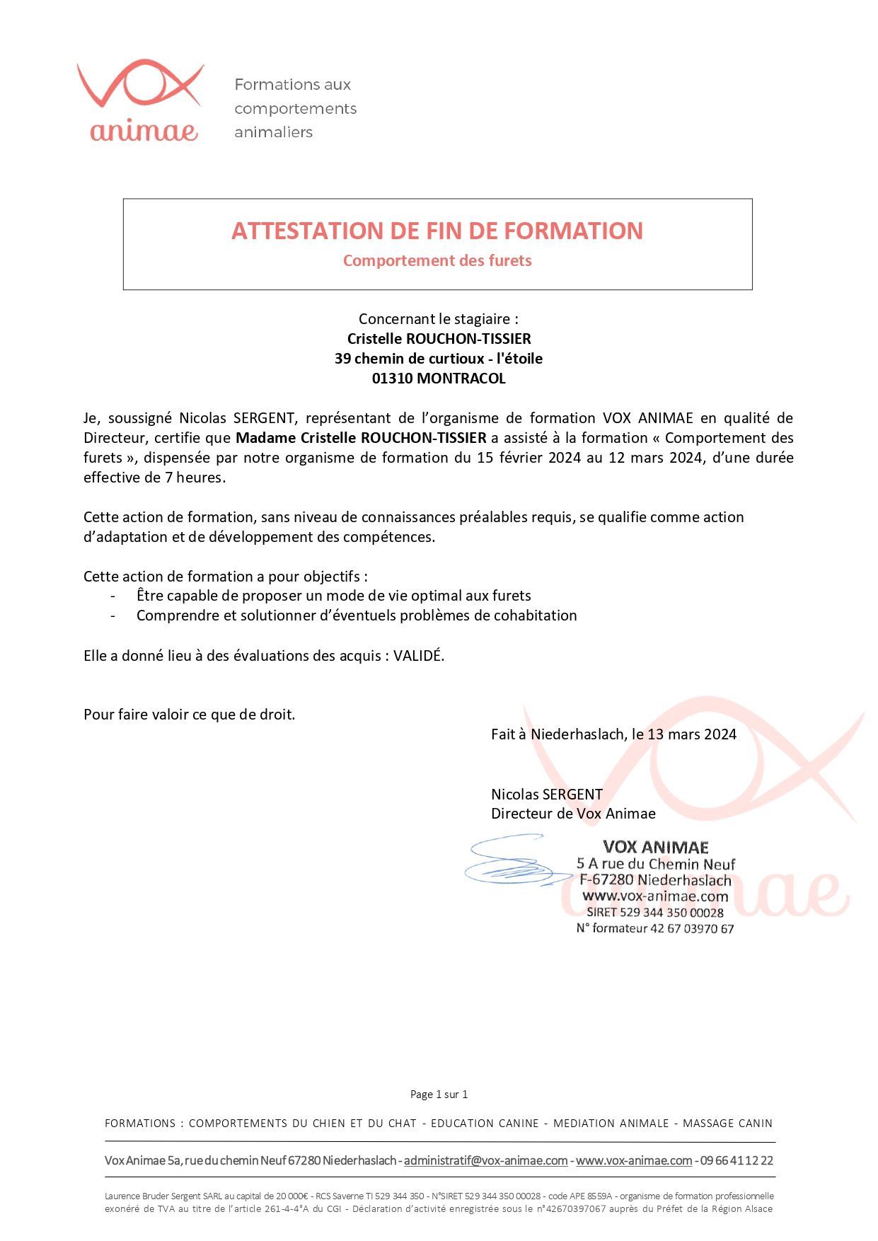 Détente Animal possède son attestation de connaissances sur le comportement du furet