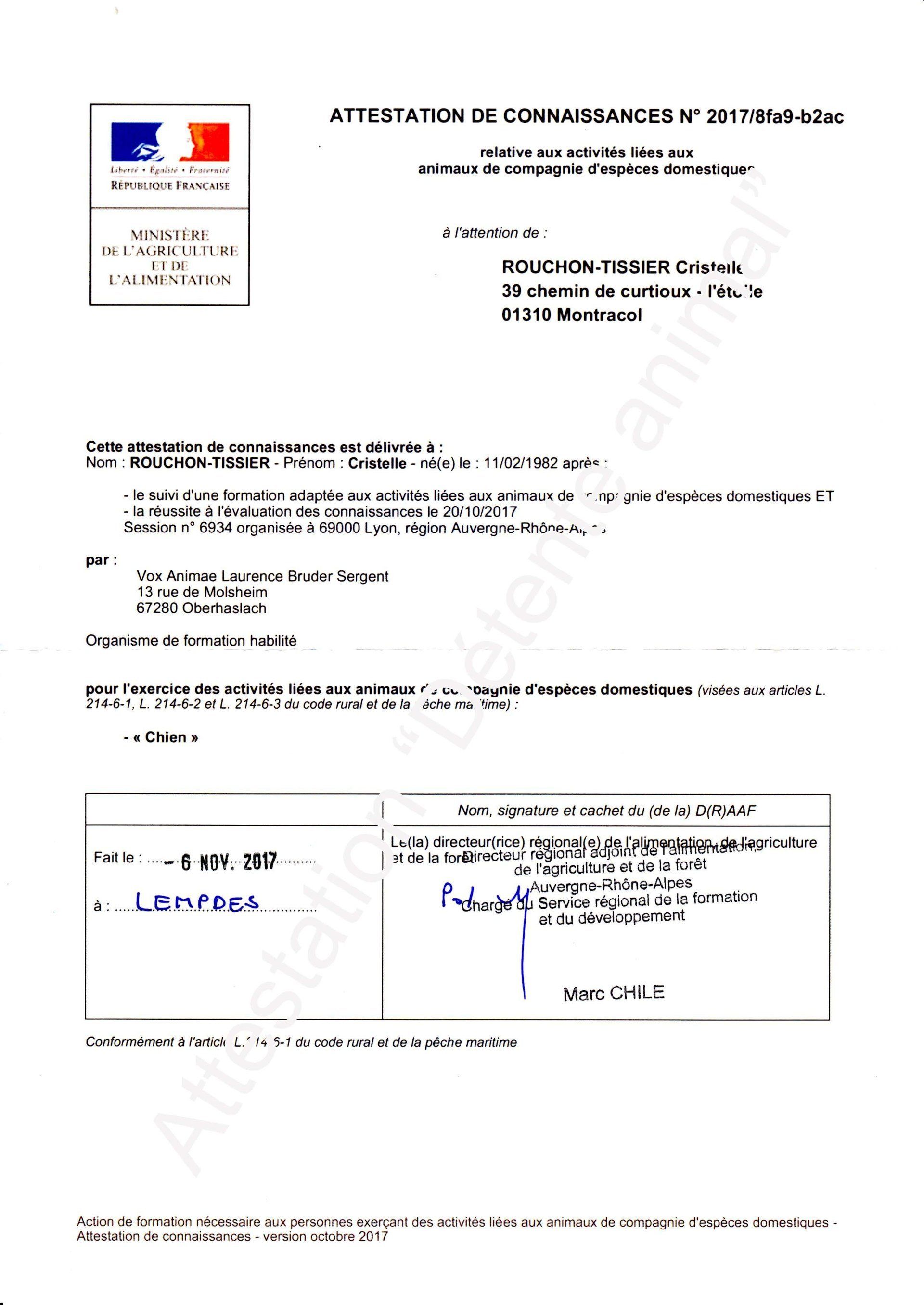 Détente Animal possède son attestation de connaissances sur le chien by DA