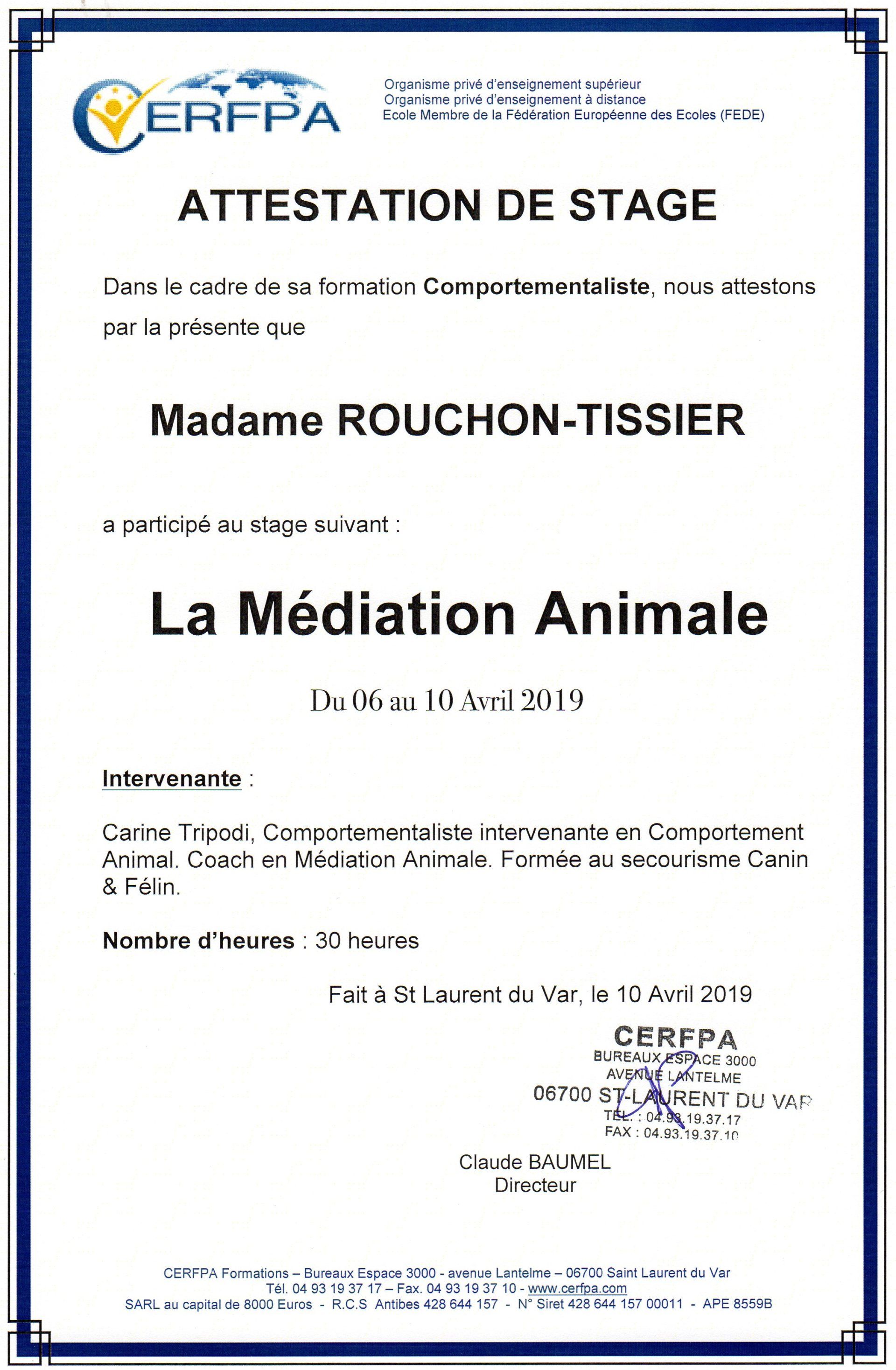 Détente Animal est certifiée dans la pratique de la médiation animale