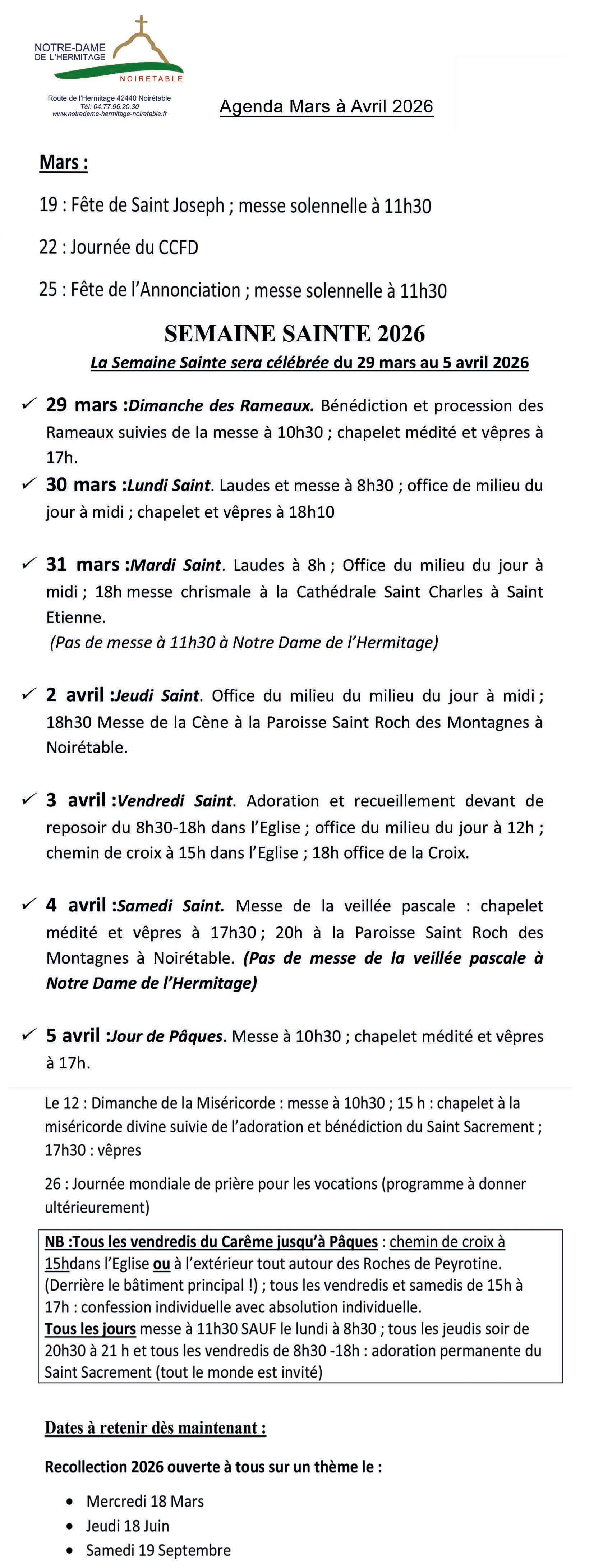agenda mars avril 2026 semaine sainte 2026 notre dame de l'hermitage