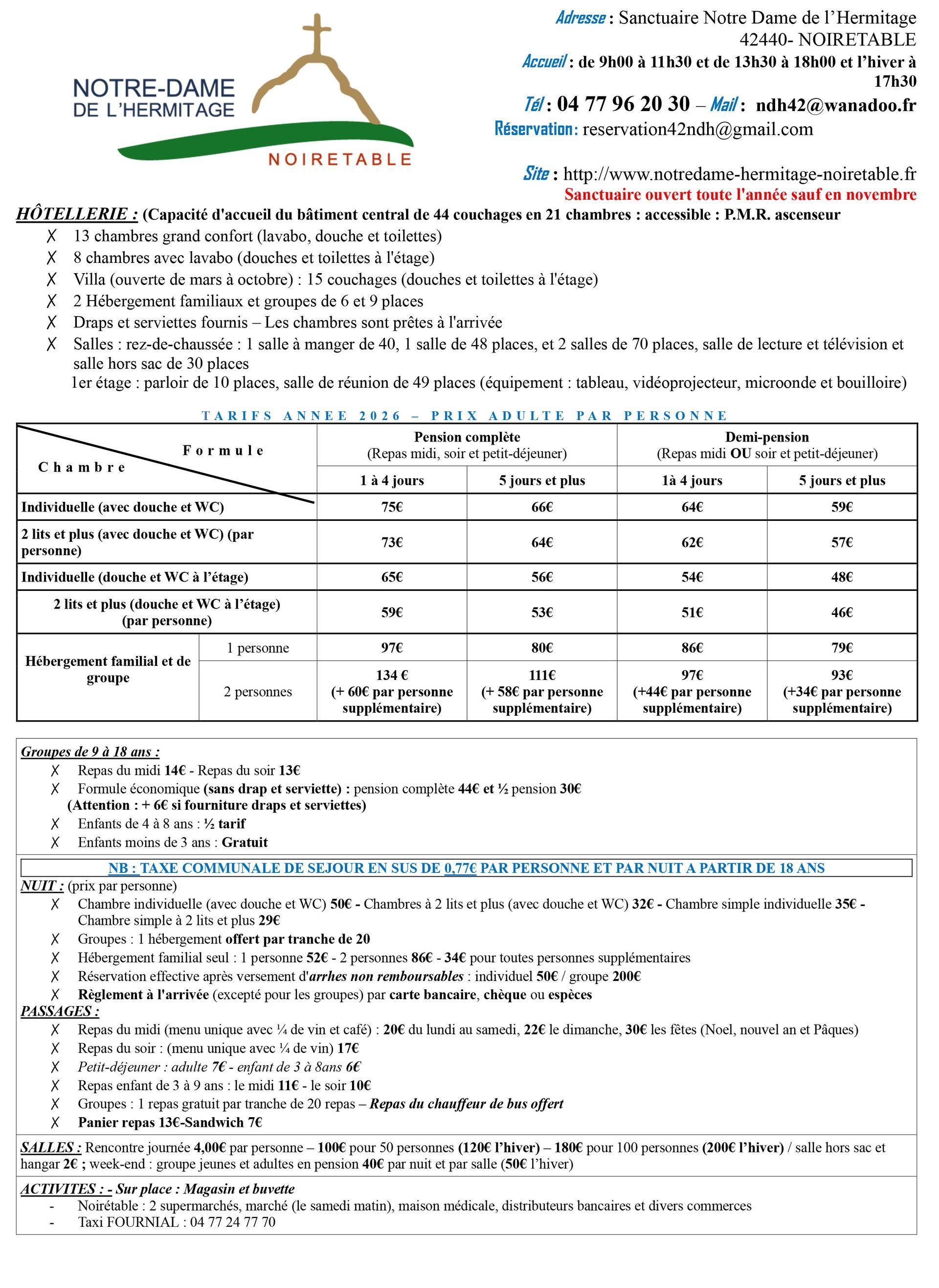 cliquez 2026 réservation d’hébergement à Notre Dame de l'Hermitage